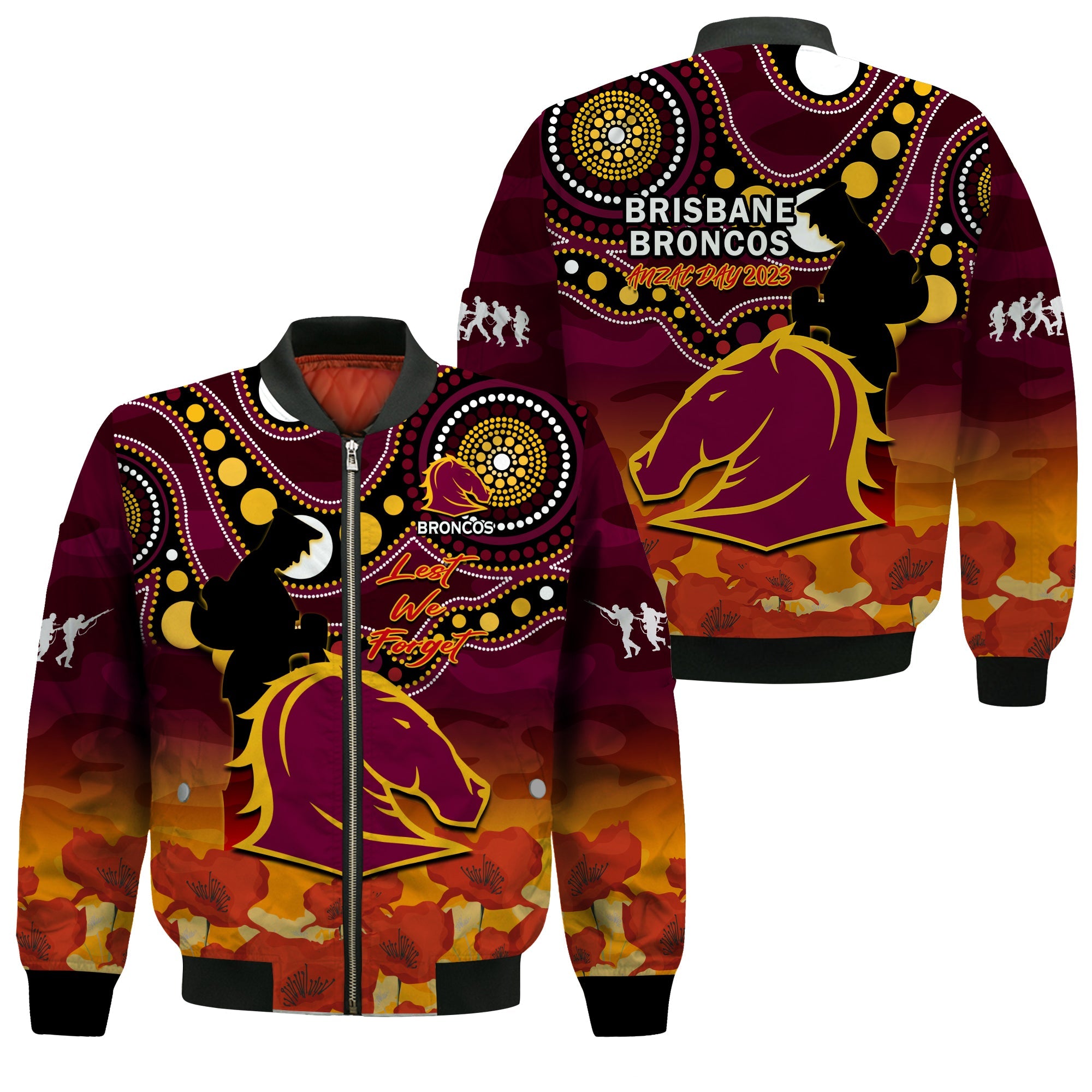 brisbane-broncos-rugby-anzac-2023-bomber-jacket-aboriginal-mix-poppy-lest-we-forget