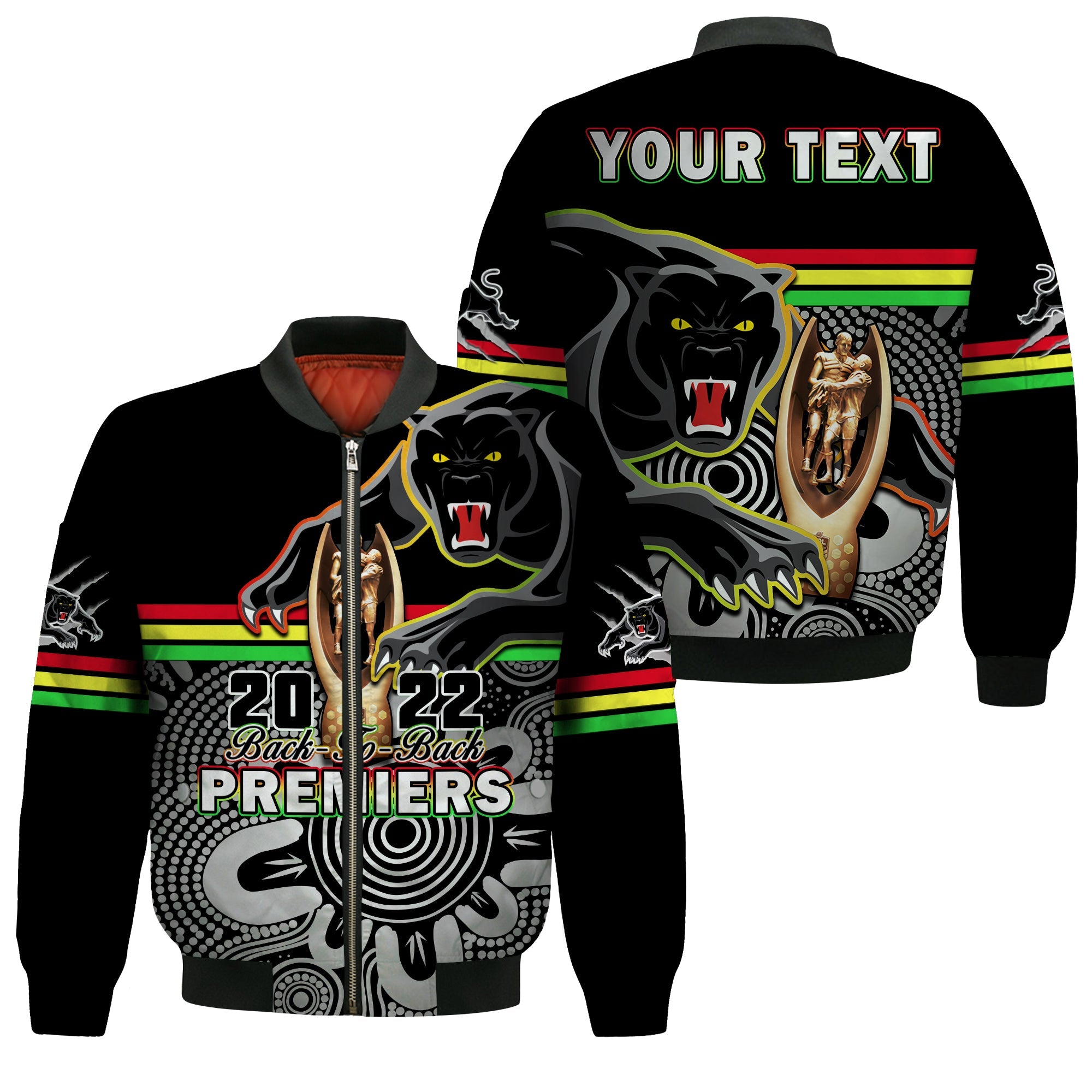 custom-personalised-panthers-rugby-bomber-jacket-pennies-premiers-2022-back-to-back-indigenous-original