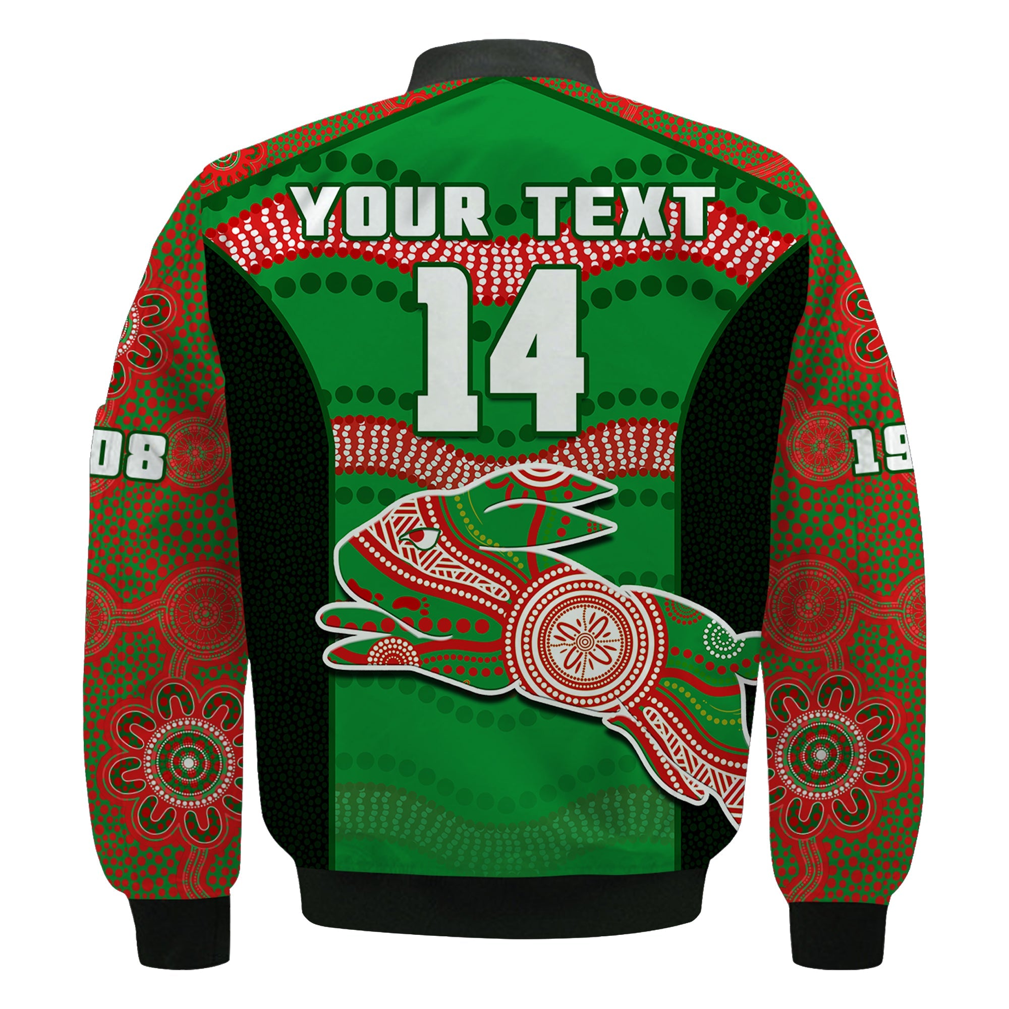 custom-text-and-number-rabbitohs-rugby-bomber-jacket-souths-1908-aboriginal-dot-painting-go-bunnies
