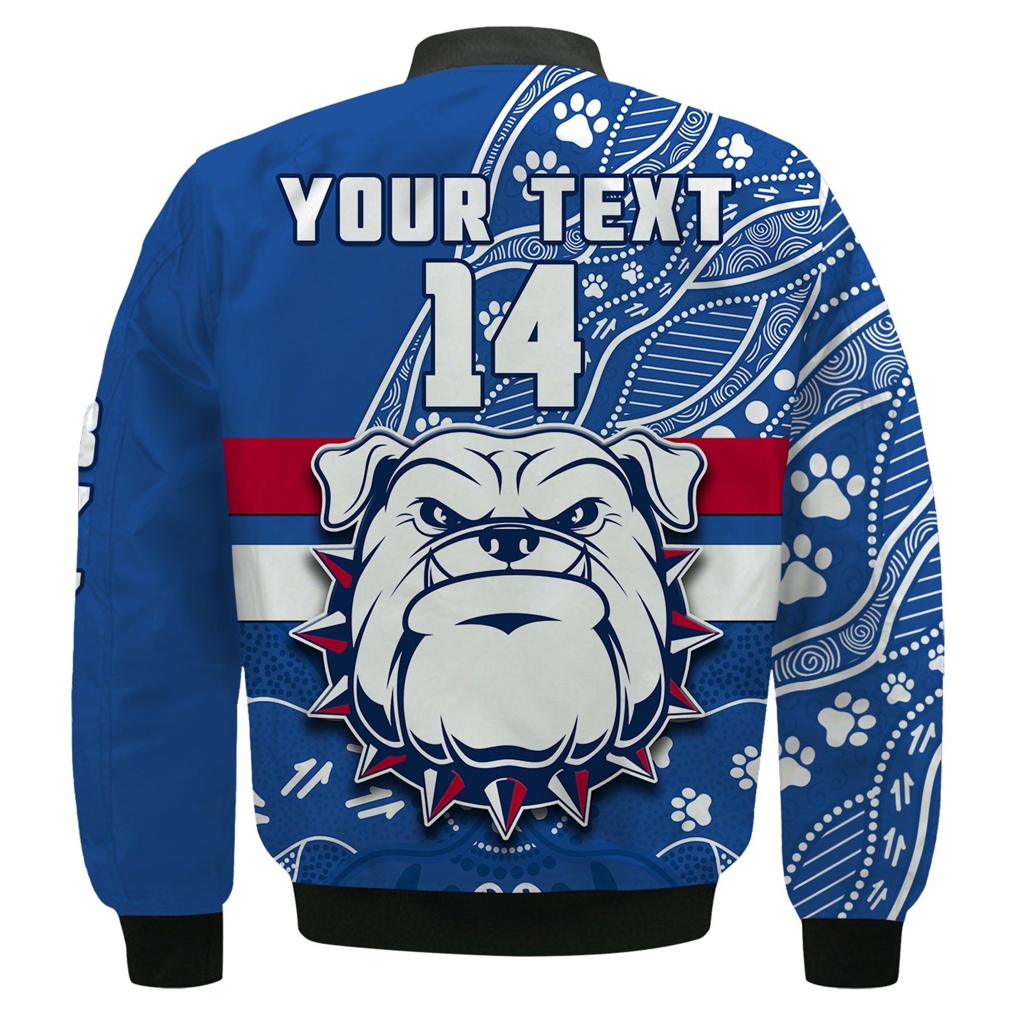 custom-text-and-number-bulldogs-football-bomber-jacket-scraggers-1877-aboriginal-dot-painting-newest-version