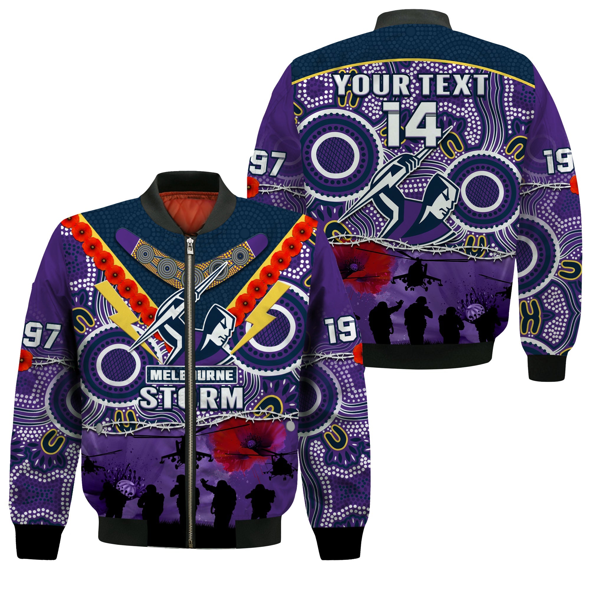 custom-text-and-number-melbourne-storm-rugby-anzac-bomber-jacket-indigenous-poppy-australian-army