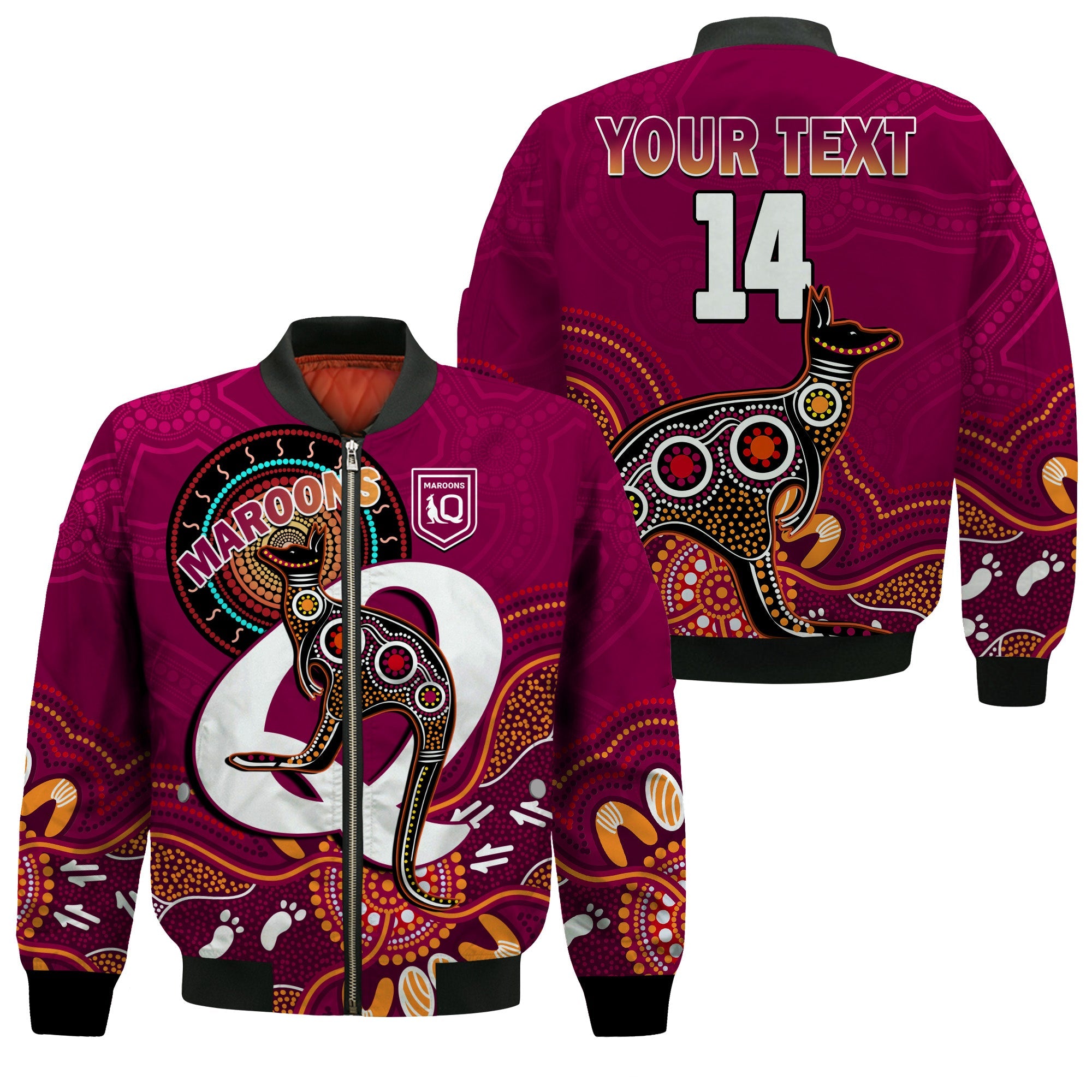 custom-text-and-number-maroons-rugby-bomber-jacket-queensland-kangaroo-aboriginal-dot-paintings