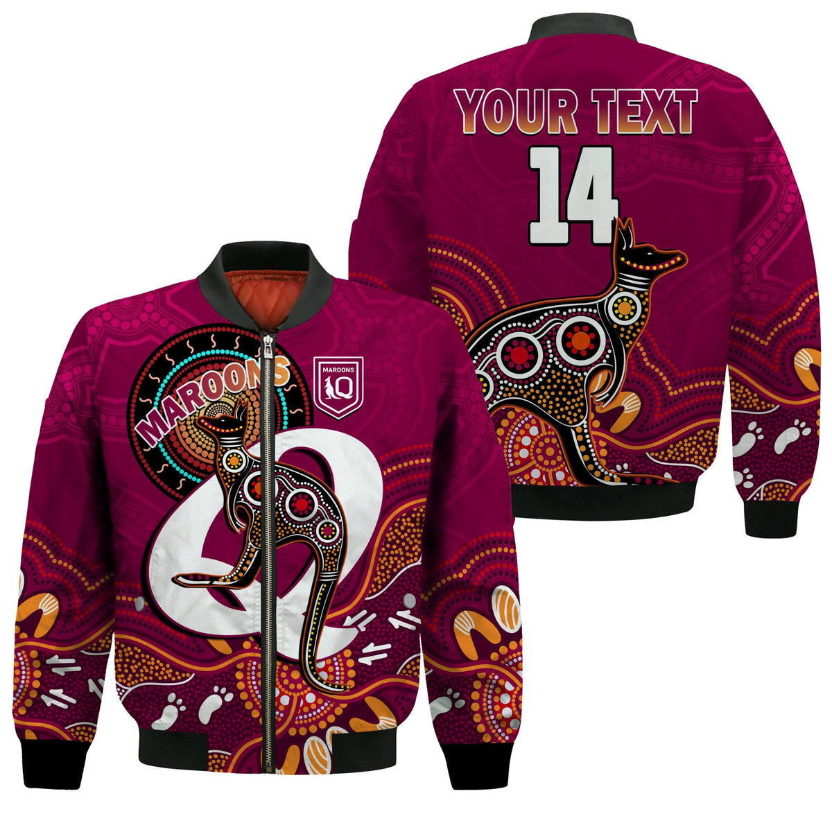 custom-text-and-number-maroons-rugby-bomber-jacket-queensland-kangaroo-aboriginal-dot-paintings