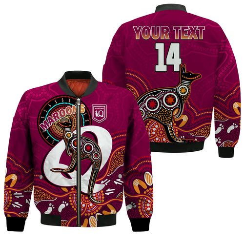 custom-text-and-number-maroons-rugby-bomber-jacket-queensland-kangaroo-aboriginal-dot-paintings