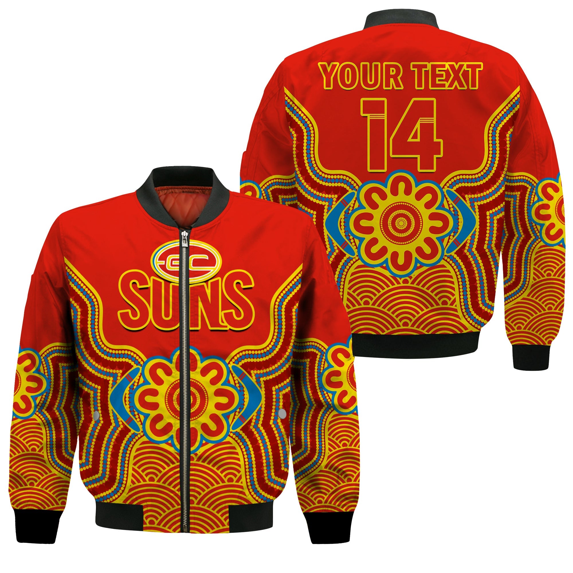 custom-text-and-number-gold-coast-football-bomber-jacket-suns-indigenous-pattern