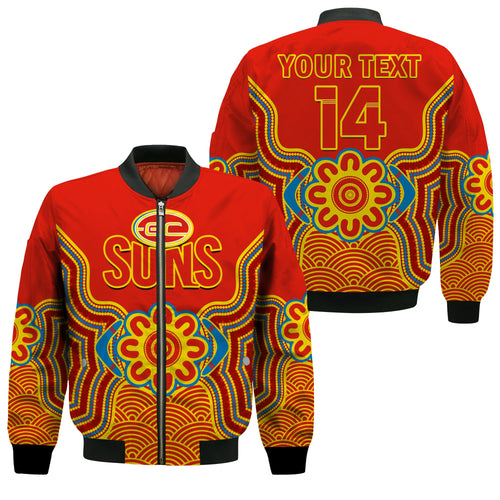 custom-text-and-number-gold-coast-football-bomber-jacket-suns-indigenous-pattern