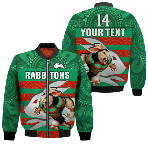 custom-text-and-number-rabbitohs-rugby-bomber-jacket-aboriginal-dot-painting-glory-glory-sporty-style