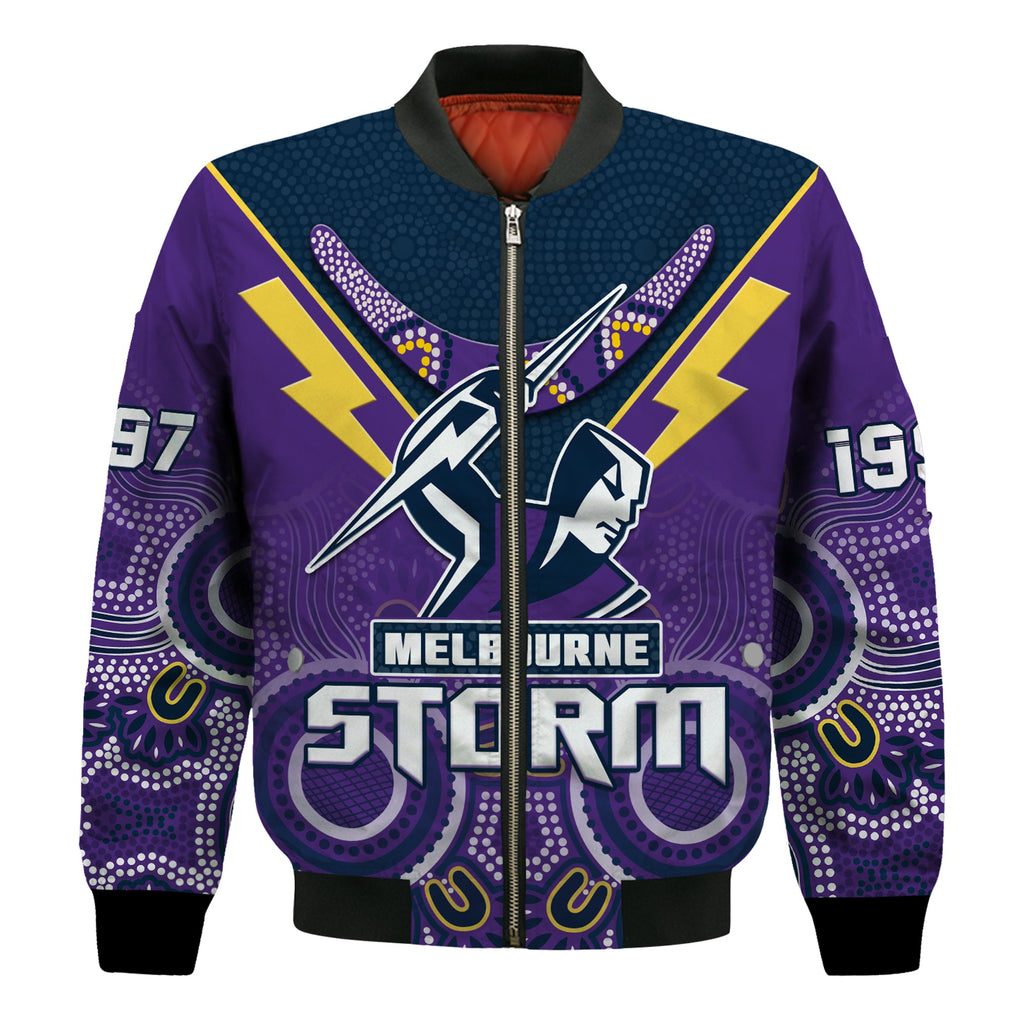 custom-text-and-number-melbourne-storm-rugby-bomber-jacket-indigenous-boomerang-gradient-style