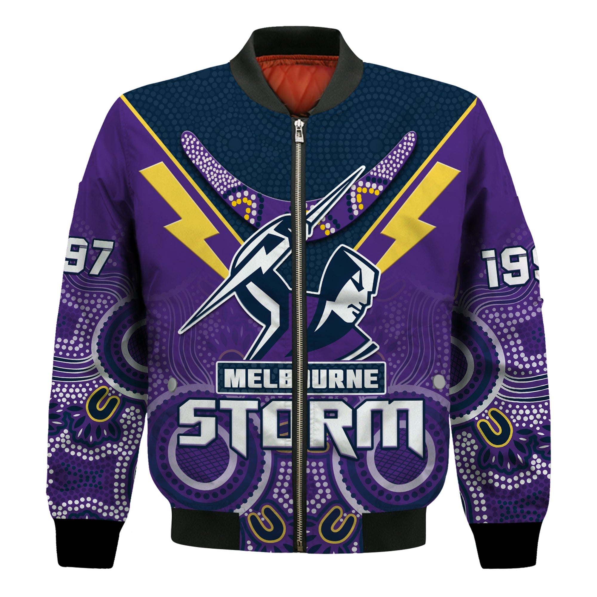 custom-text-and-number-melbourne-storm-rugby-bomber-jacket-indigenous-boomerang-gradient-style