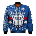 custom-text-and-number-bulldogs-football-bomber-jacket-scraggers-1877-aboriginal-dot-painting-newest-version