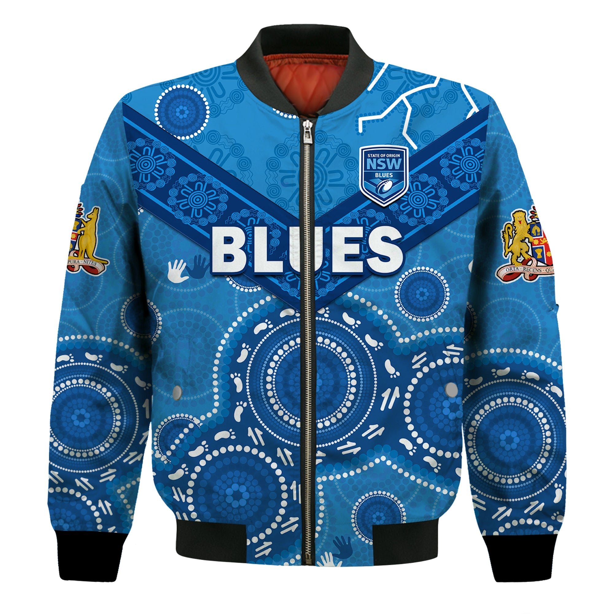 custom-text-and-number-nsw-blues-rugby-bomber-jacket-new-south-wales-aboriginal-dot-painting-unique-version