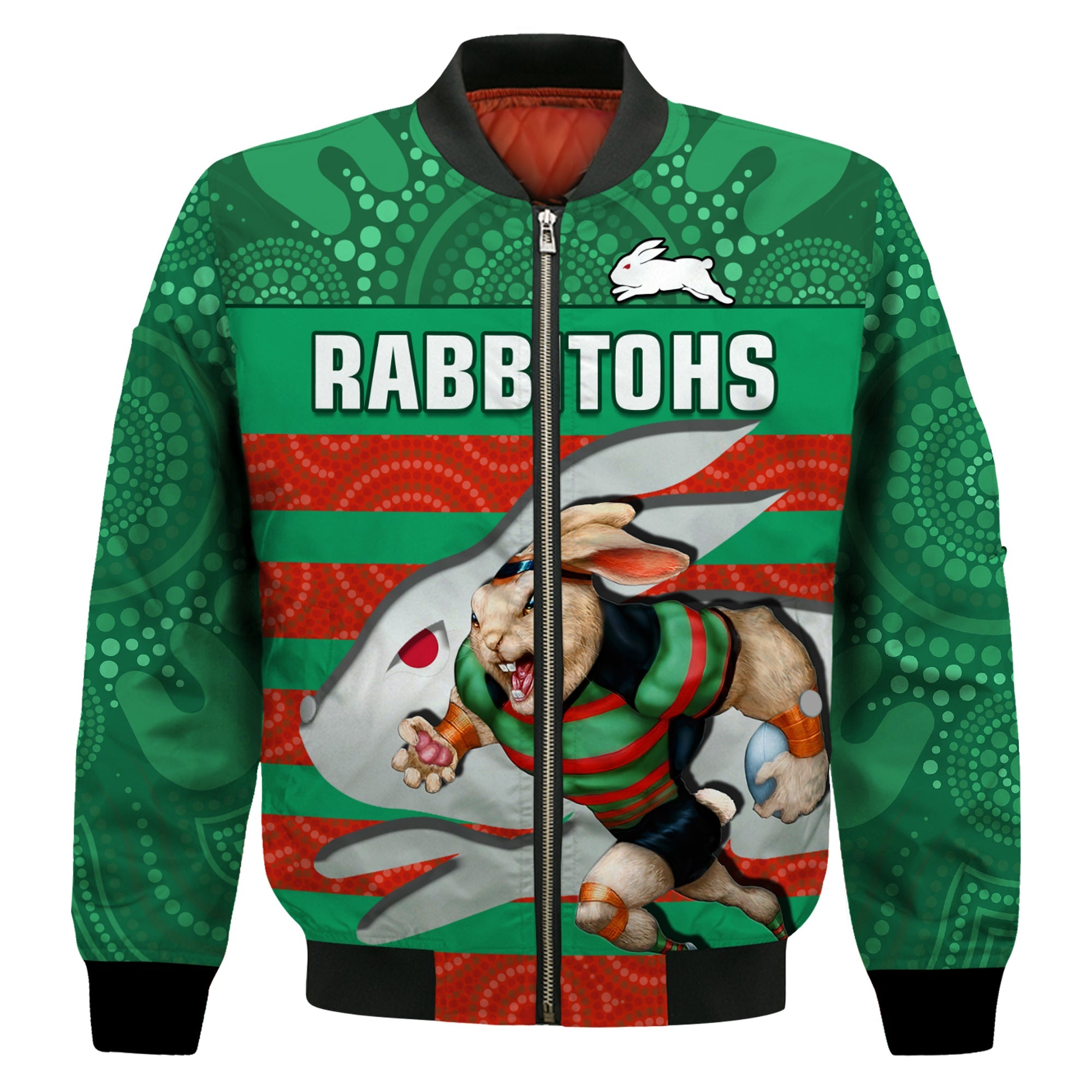 custom-text-and-number-rabbitohs-rugby-bomber-jacket-aboriginal-dot-painting-glory-glory-sporty-style