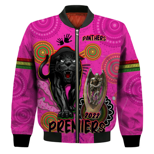 custom-text-and-number-panthers-bomber-jacket-aboriginal-premiers-2022-we-are-the-champions-with-trophy