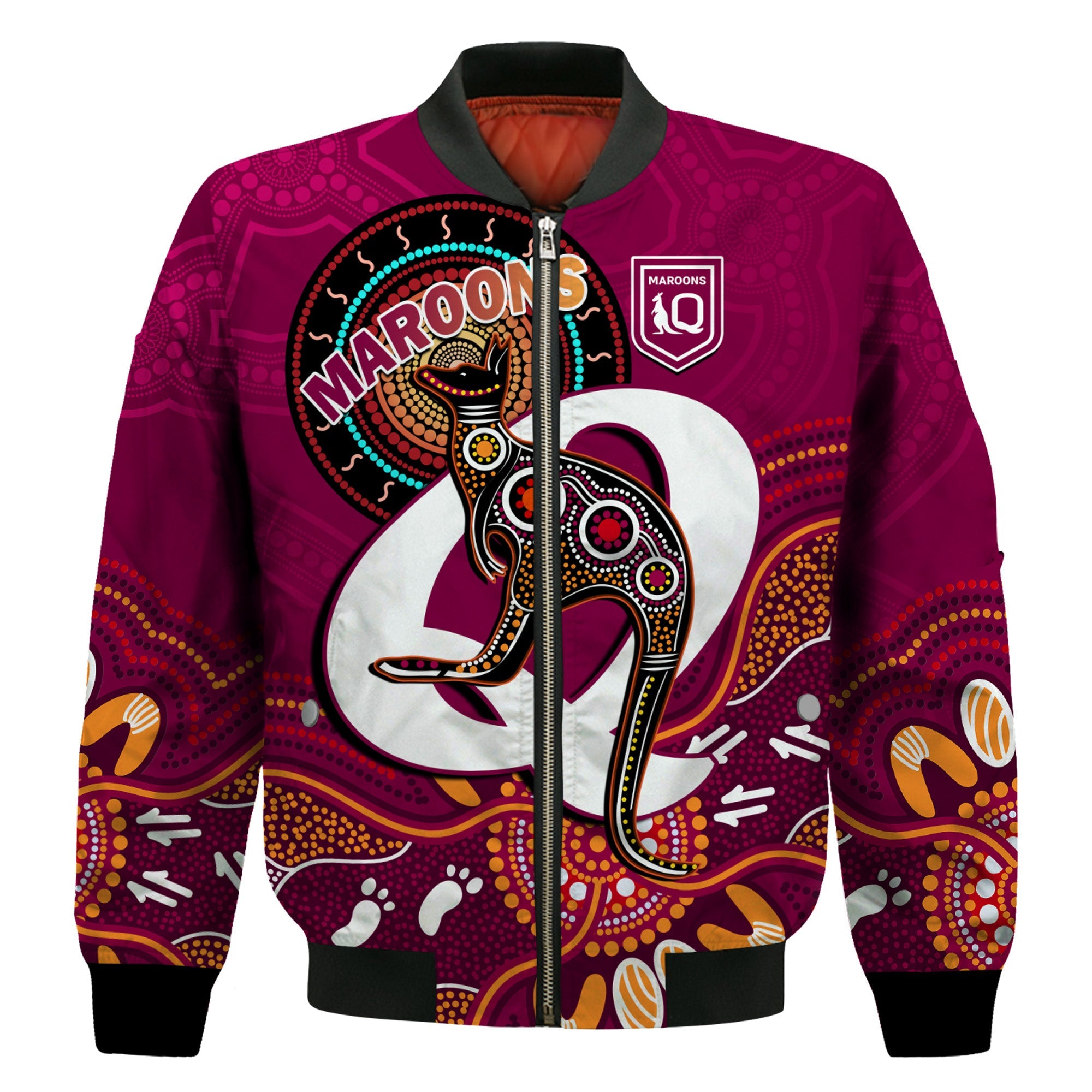 custom-text-and-number-maroons-rugby-bomber-jacket-queensland-kangaroo-aboriginal-dot-paintings