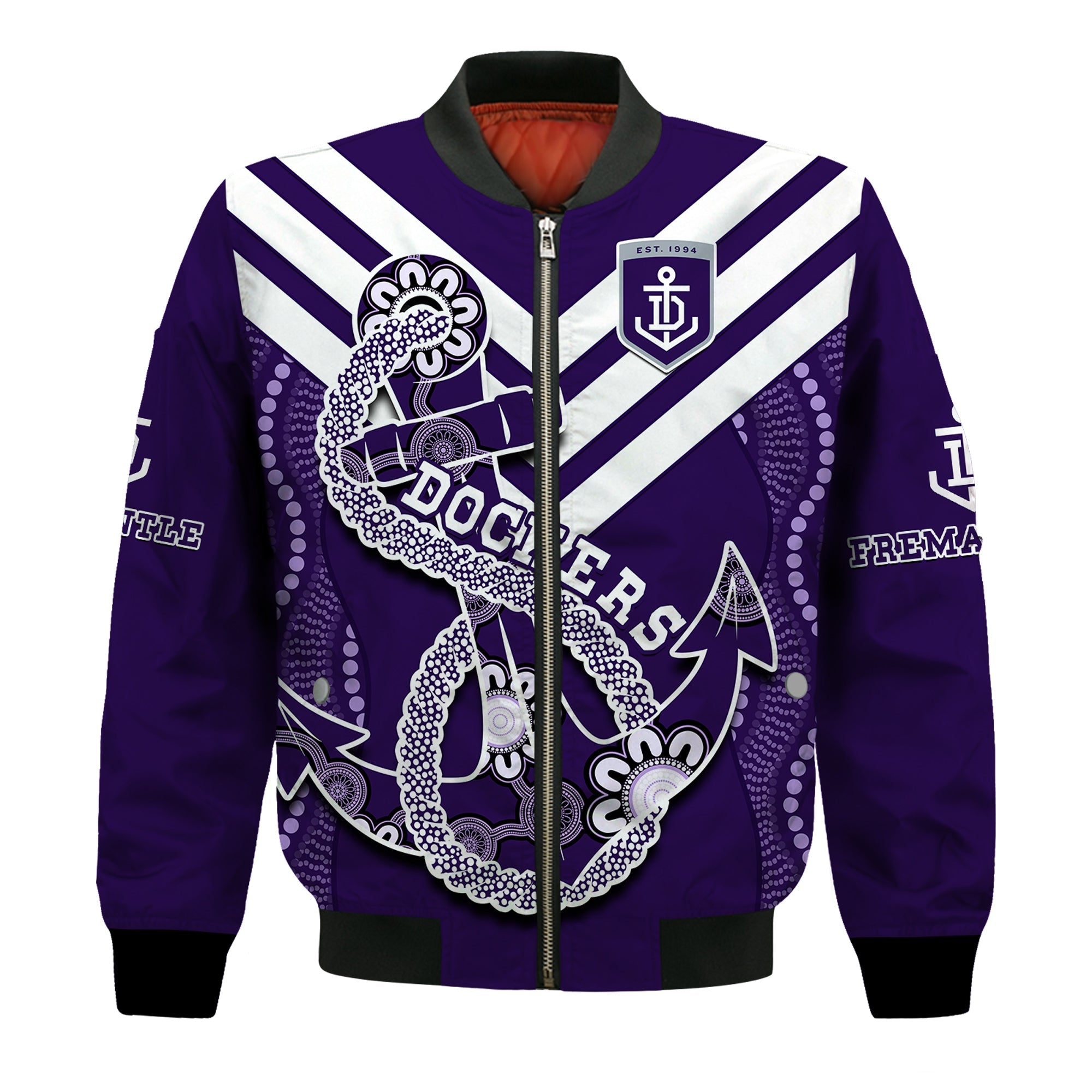 custom-text-and-number-dockers-football-bomber-jacket-fremantle-anchor-mix-aboriginal-pattern-dynamic-style