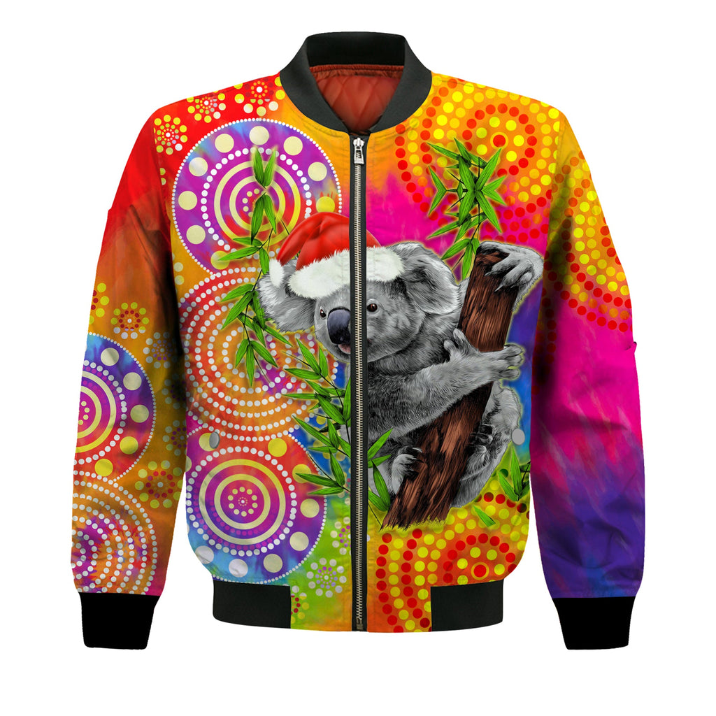 custom-personalised-australia-koala-aboriginal-bomber-jacket-rainbow-tie-dye-merry-christmas