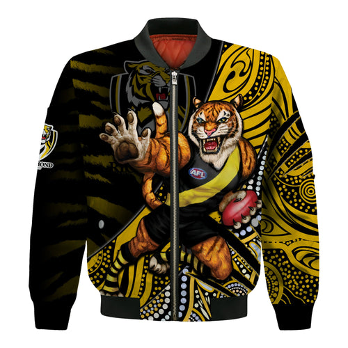 custom-text-and-number-richmond-football-bomber-jacket-aboriginal-go-the-tigers-mascot