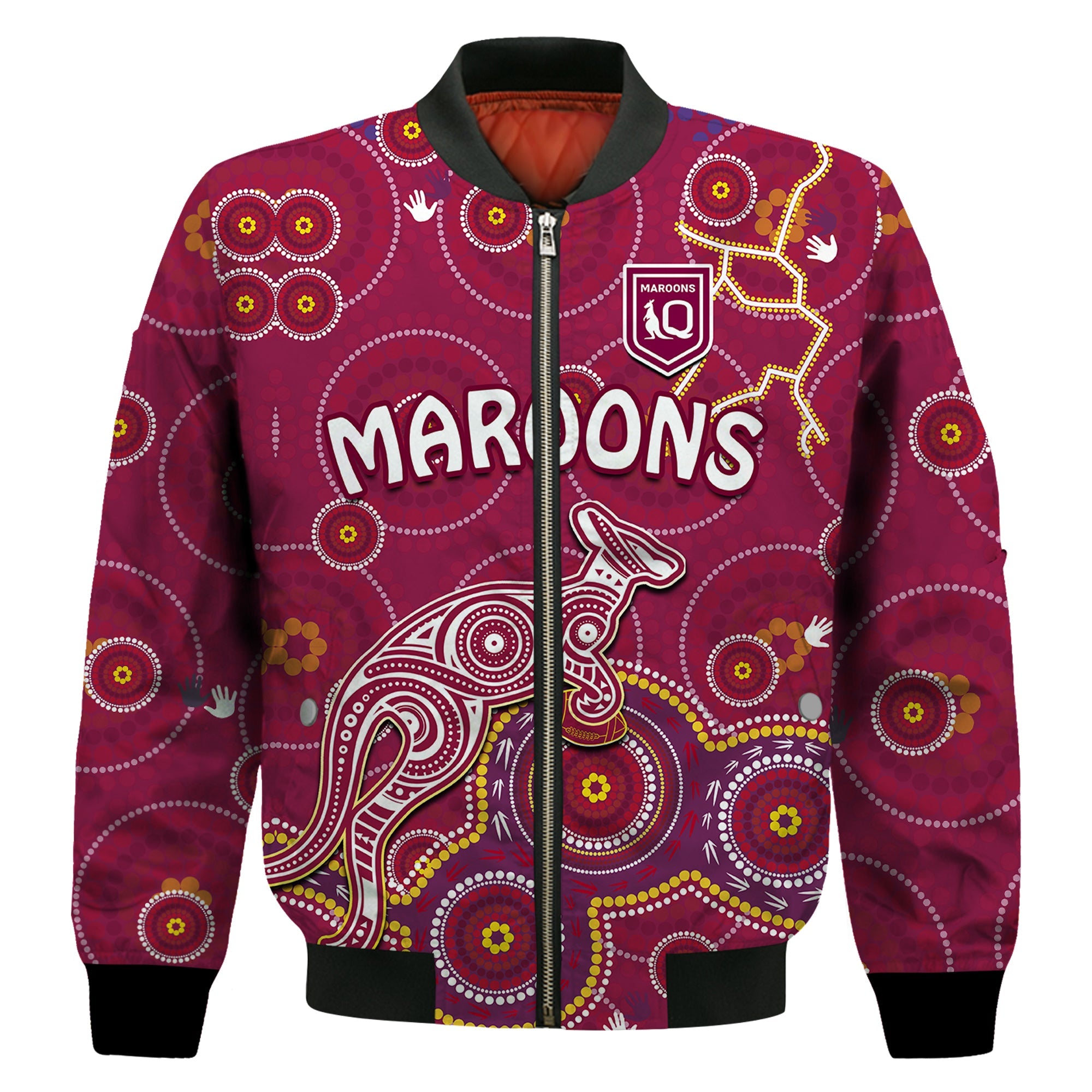 custom-text-and-number-maroons-rugby-bomber-jacket-kangaroo-indigenous-pattern-unique-version