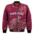 custom-text-and-number-maroons-rugby-bomber-jacket-kangaroo-indigenous-pattern-unique-version
