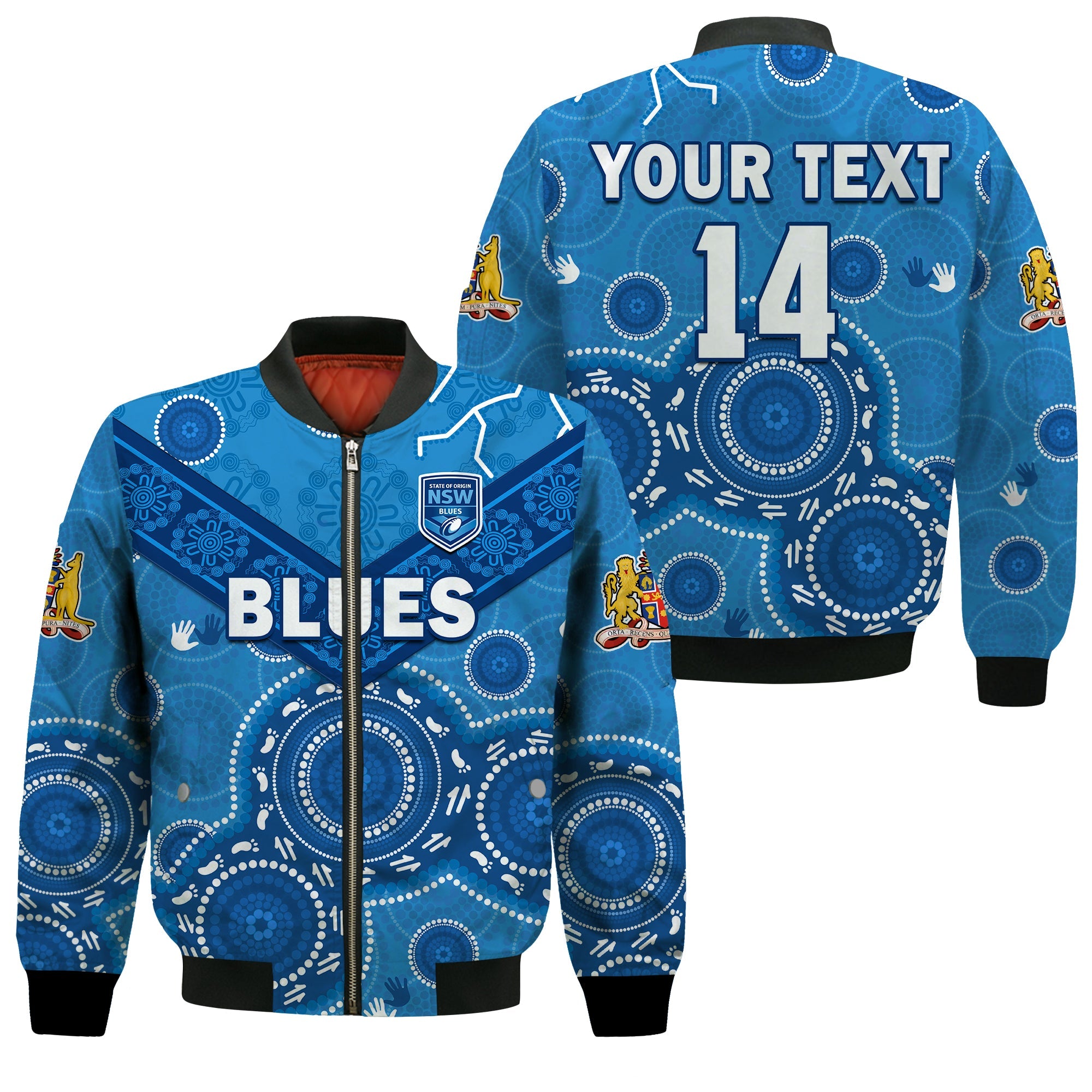 custom-text-and-number-nsw-blues-rugby-bomber-jacket-new-south-wales-aboriginal-dot-painting-unique-version