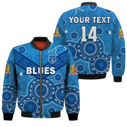 custom-text-and-number-nsw-blues-rugby-bomber-jacket-new-south-wales-aboriginal-dot-painting-unique-version