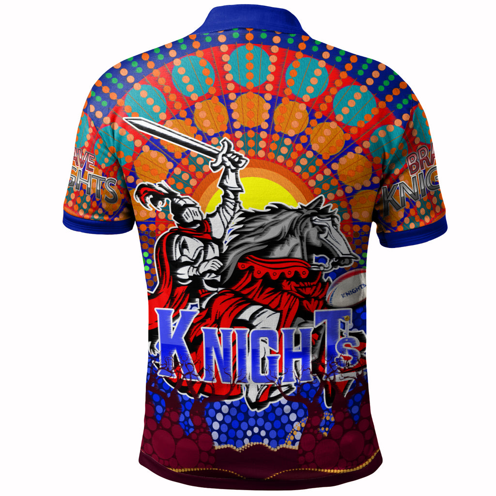 knights-rugby-polo-shirt-custom-indigenous-knights-with-rugby-ball-and-sun-watercolor-dot-painting-polo-shirt