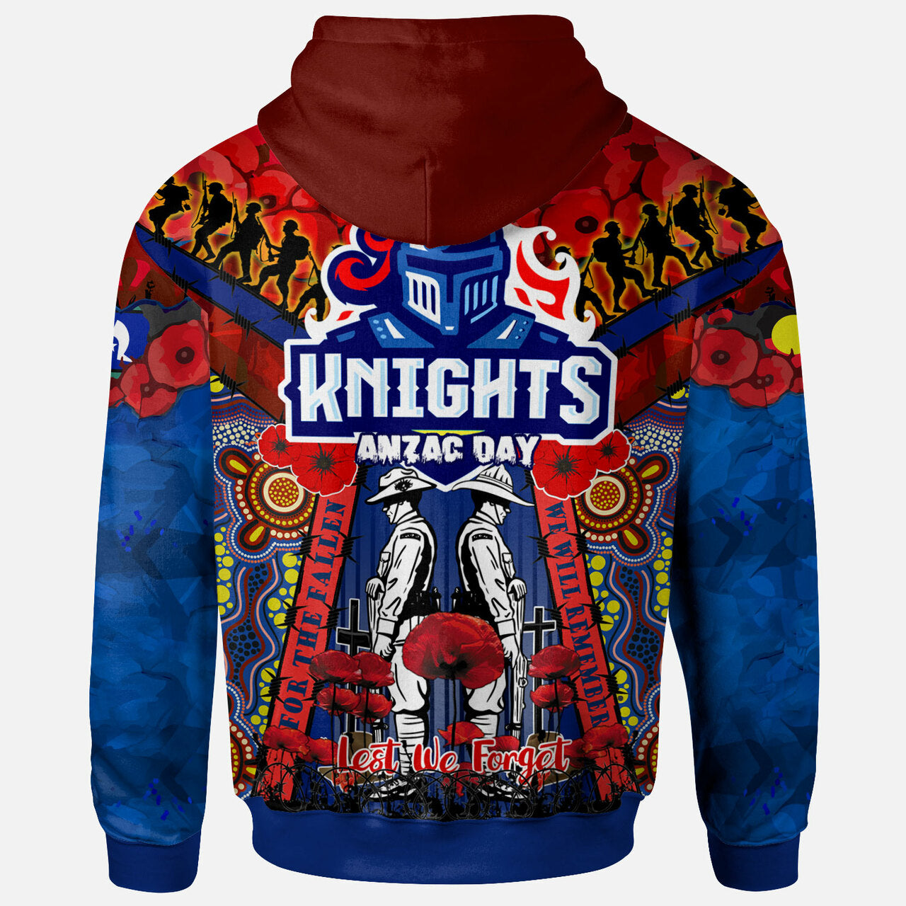 knights-rugby-anzac-custom-watercolour-hoodie-remembrance-indigenous-newcastle-knights-with-poppy-flower