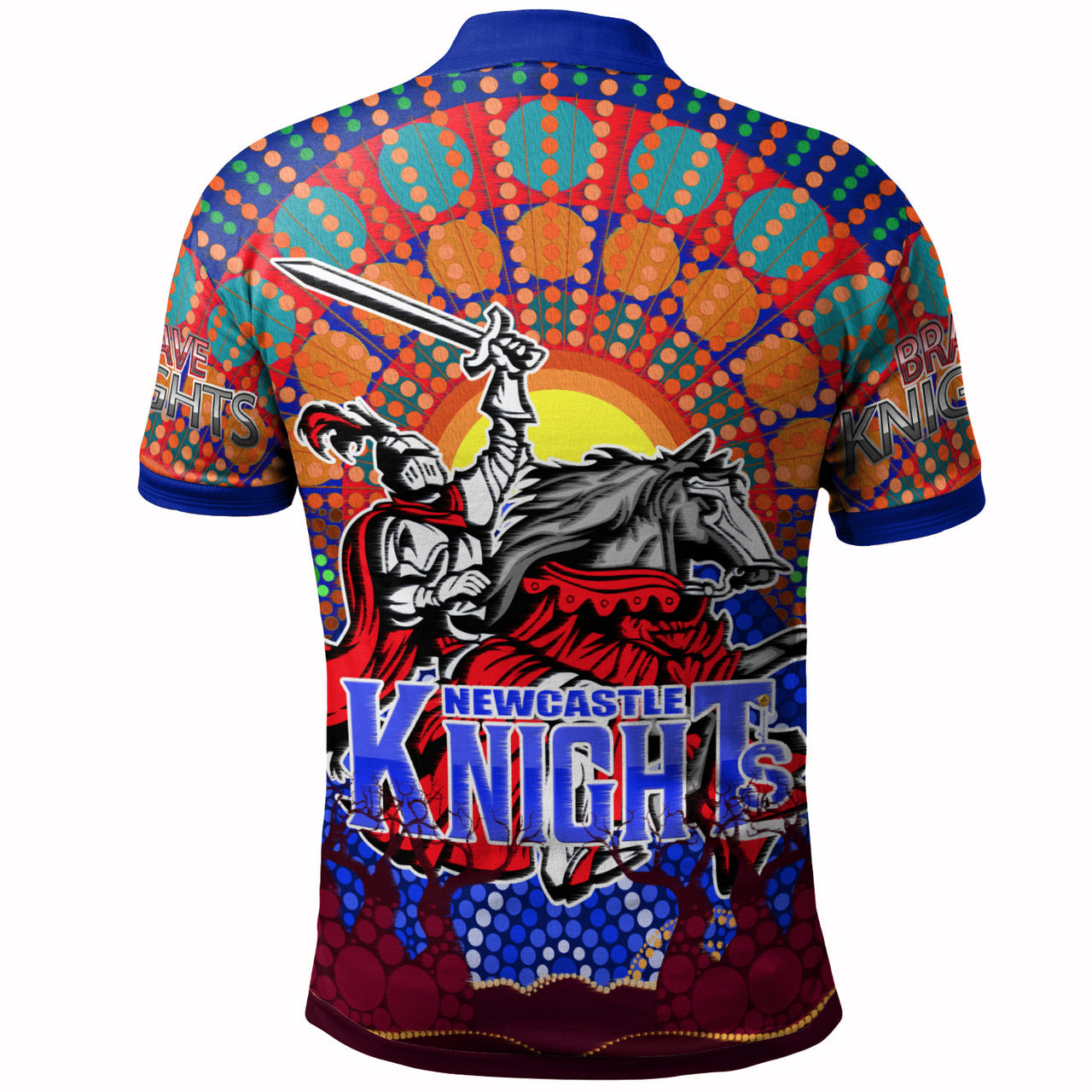 knights-rugby-custom-polo-shirt-the-indigenous-knights-watercolor-dot-painting-with-aboriginal-sun