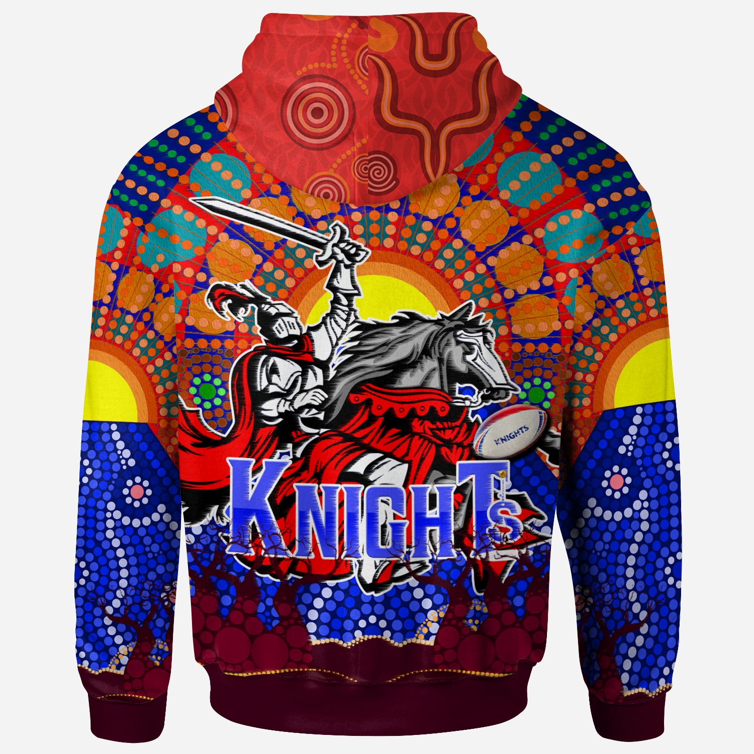 knights-rugby-hoodie-custom-indigenous-knights-with-rugby-ball-and-sun-watercolor-dot-painting-hoodie
