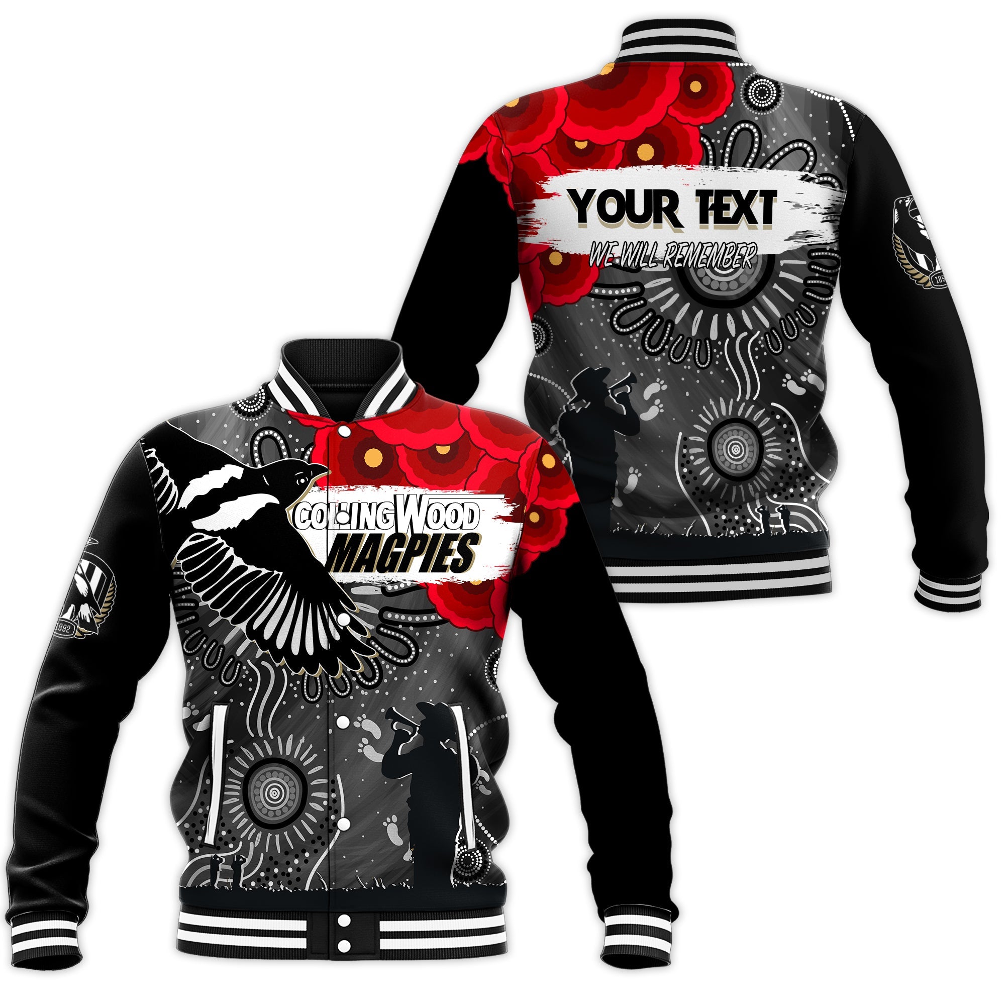 custom-personalised-collingwood-magpies-indigenous-anzac-day-baseball-jacket-we-will-remember