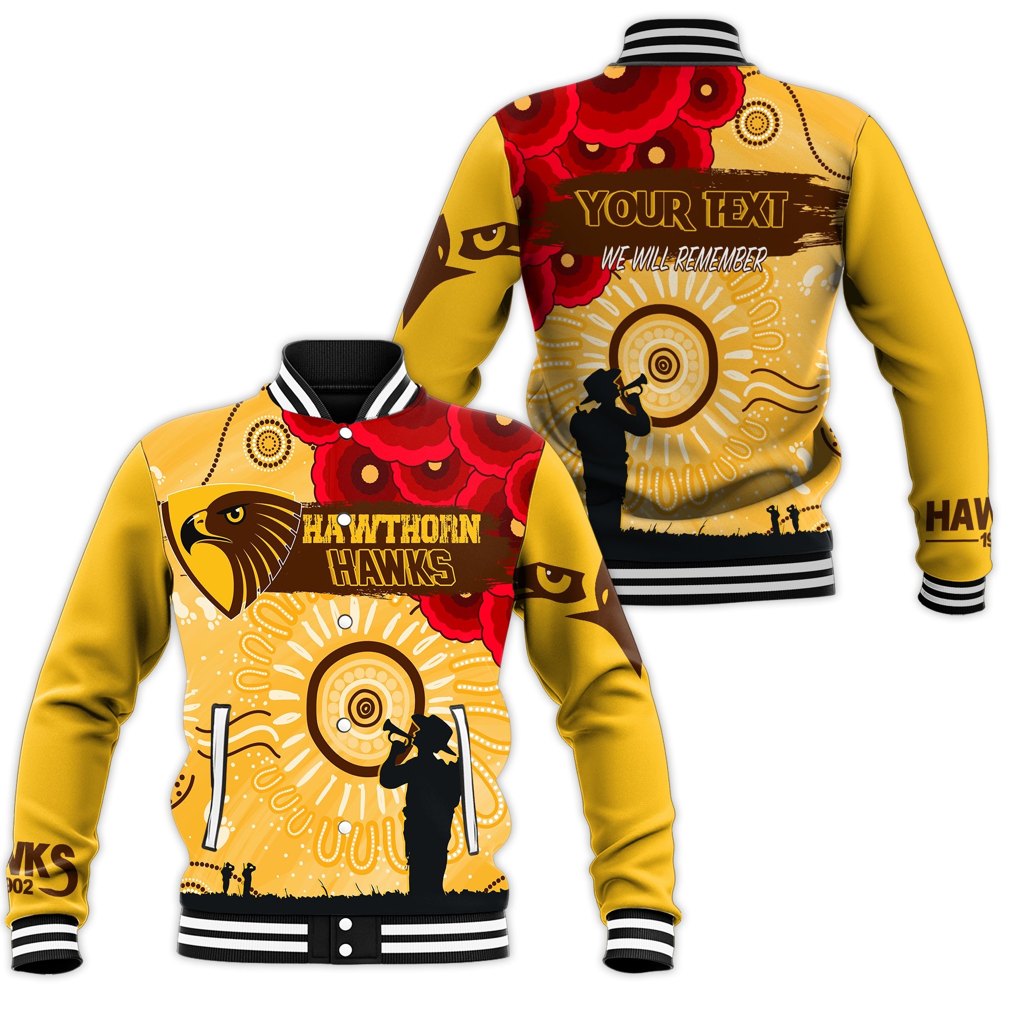 custom-personalised-hawthorn-hawks-indigenous-anzac-day-baseball-jacket-we-will-remember