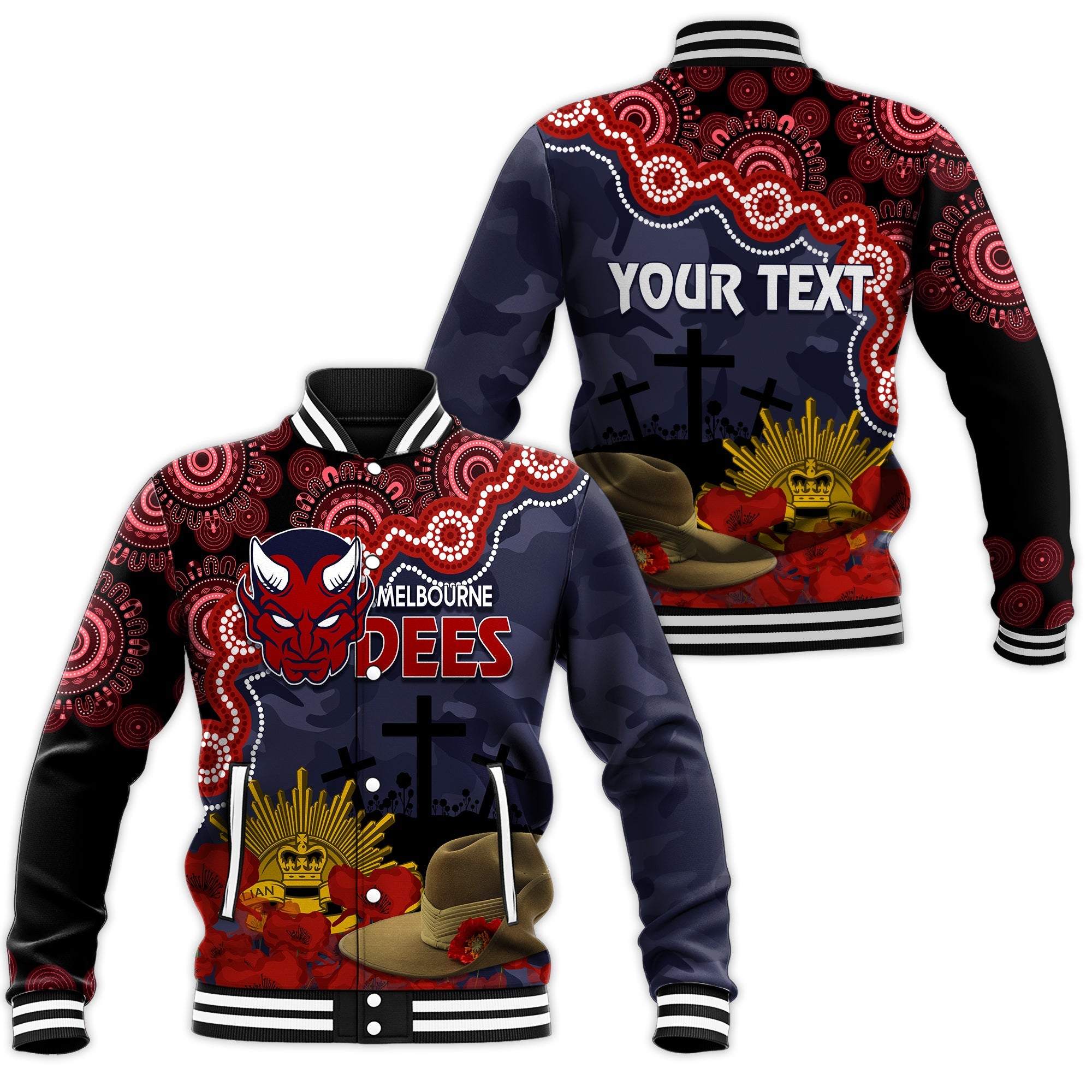 melbourne-dees-football-anzac-2023-baseball-jacket-aboriginal-mix-slouch-hat