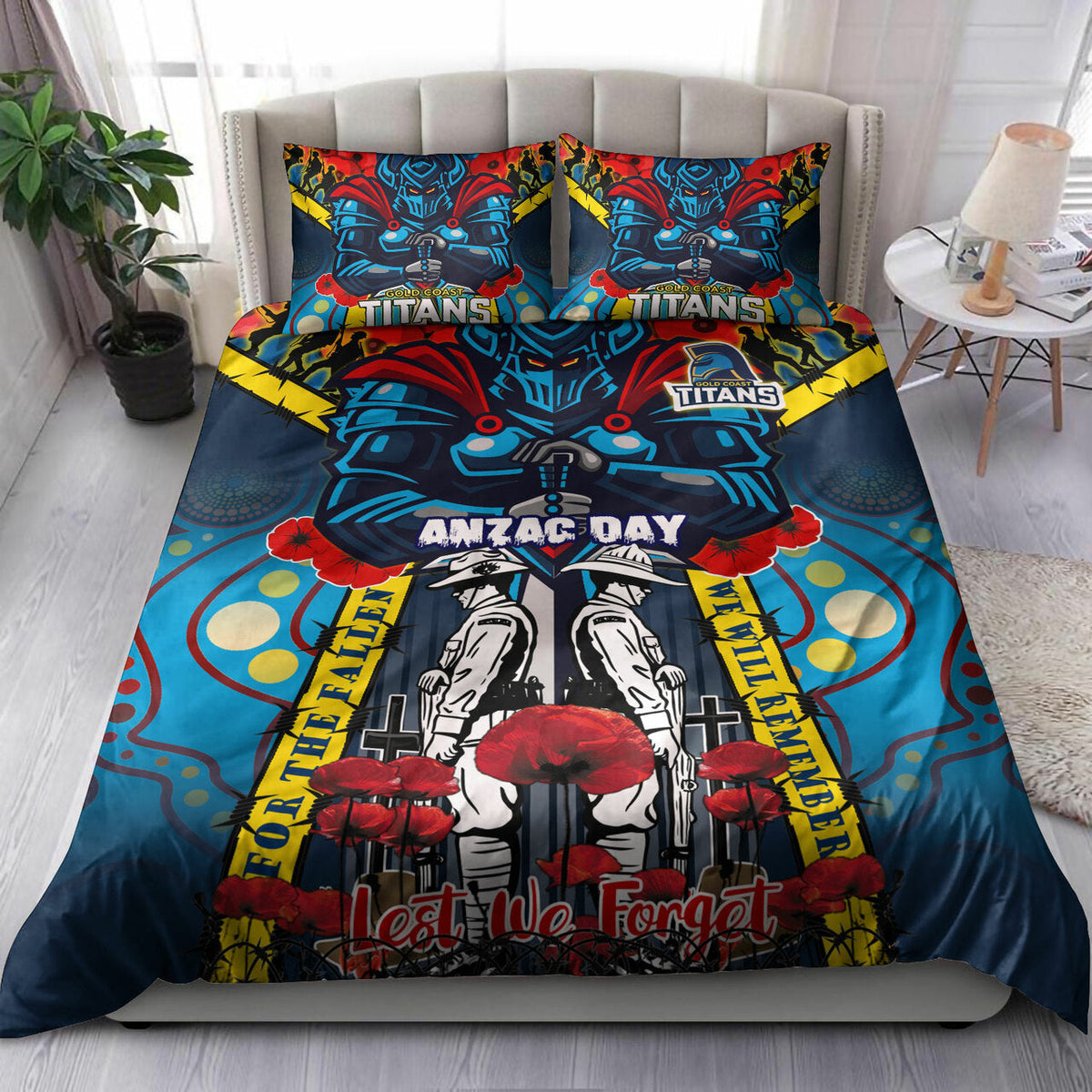 titans-aboriginal-rugby-anzac-day-custom-watercolour-bedding-set-remembrance-indigenous-titans-with-poppy-flower