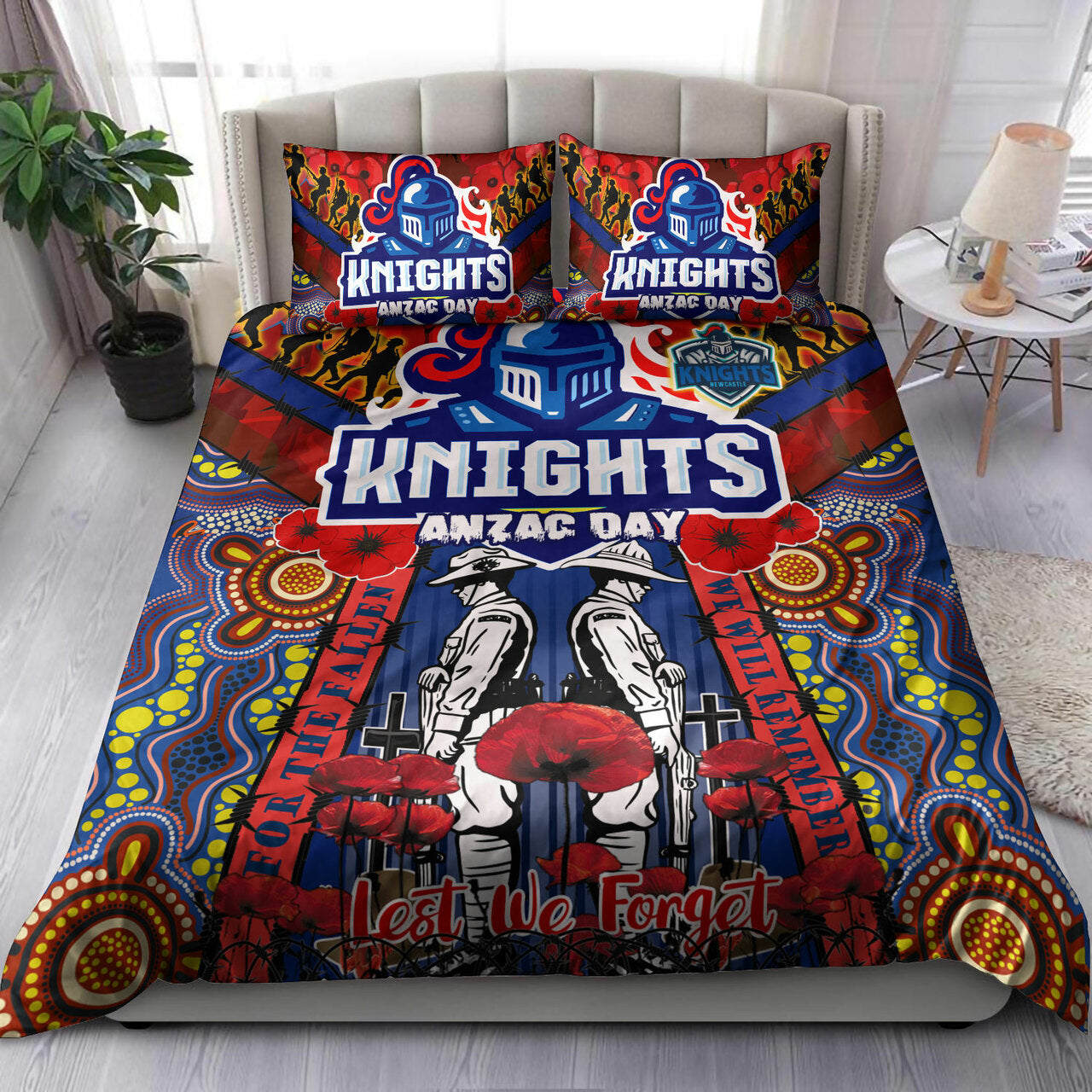 knights-rugby-anzac-custom-watercolour-bedding-set-remembrance-indigenous-newcastle-knights-with-poppy-flower
