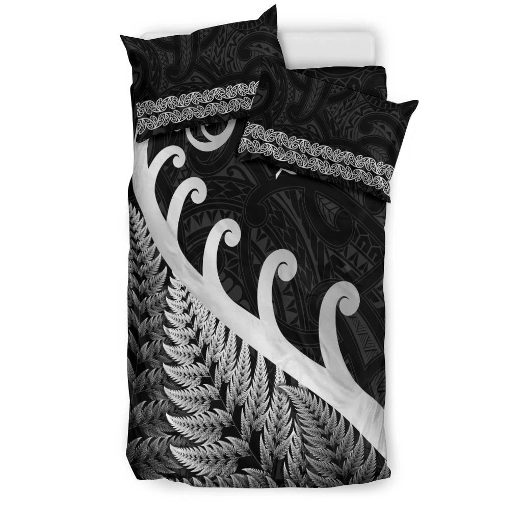 new-zealand-rugby-maori-bedding-set-silver-fern-koru-vibes-black