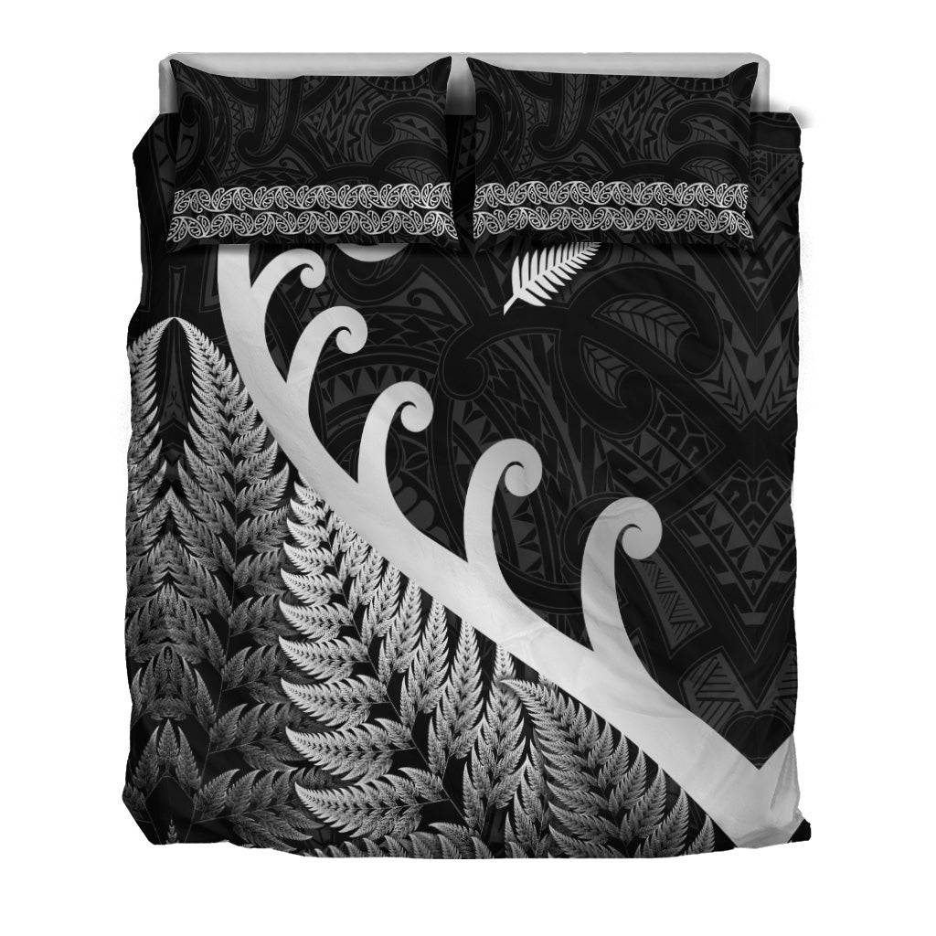 new-zealand-rugby-maori-bedding-set-silver-fern-koru-vibes-black