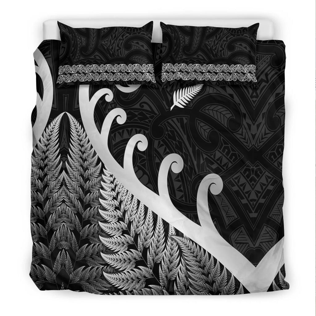 new-zealand-rugby-maori-bedding-set-silver-fern-koru-vibes-black