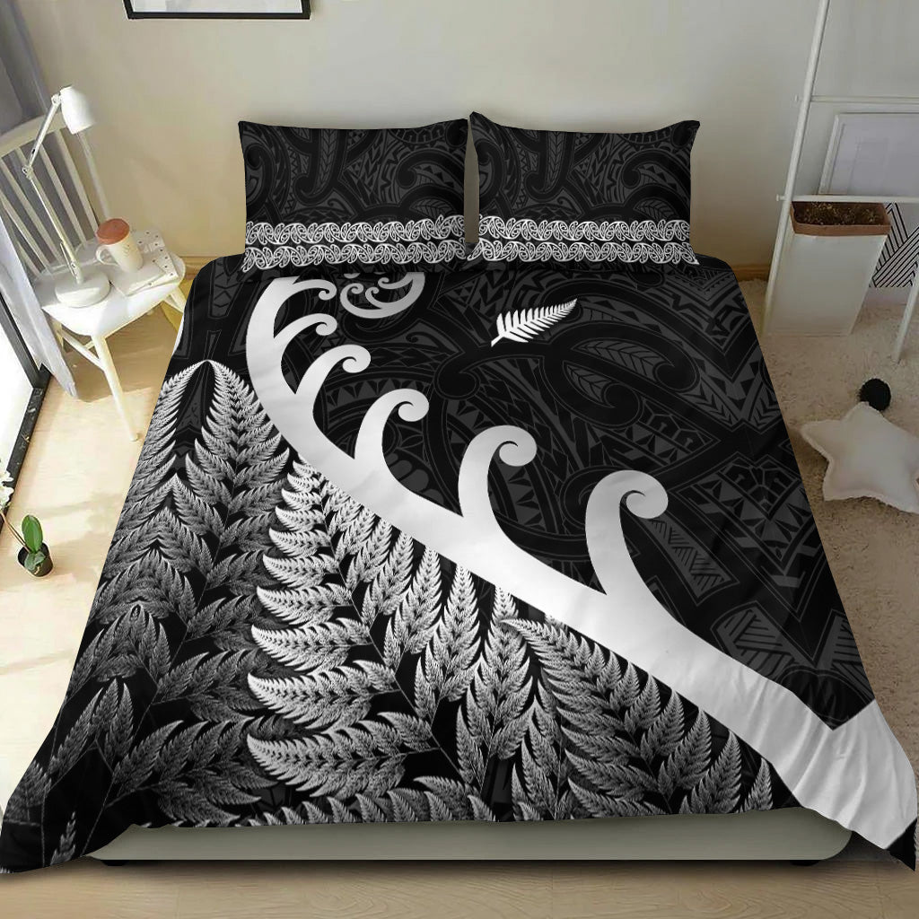 new-zealand-rugby-maori-bedding-set-silver-fern-koru-vibes-black