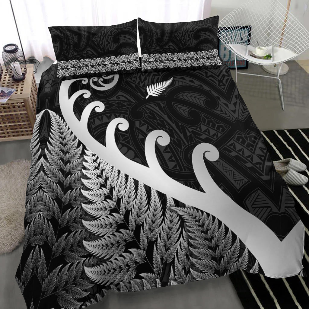 new-zealand-rugby-maori-bedding-set-silver-fern-koru-vibes-black