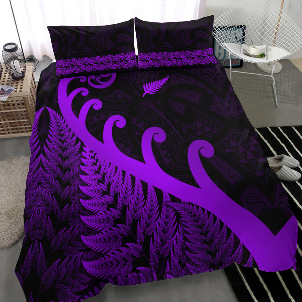 new-zealand-rugby-maori-bedding-set-silver-fern-koru-vibes-purple