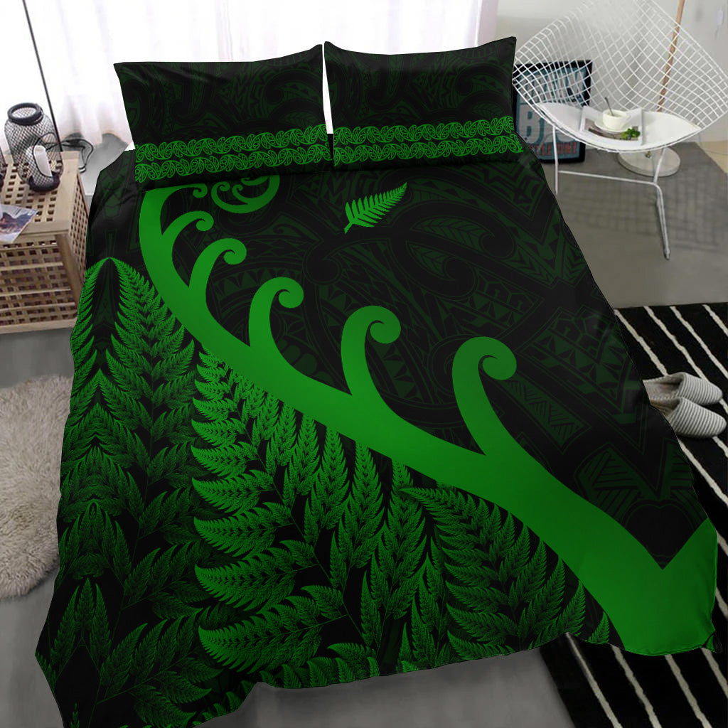new-zealand-rugby-maori-bedding-set-silver-fern-koru-vibes-green