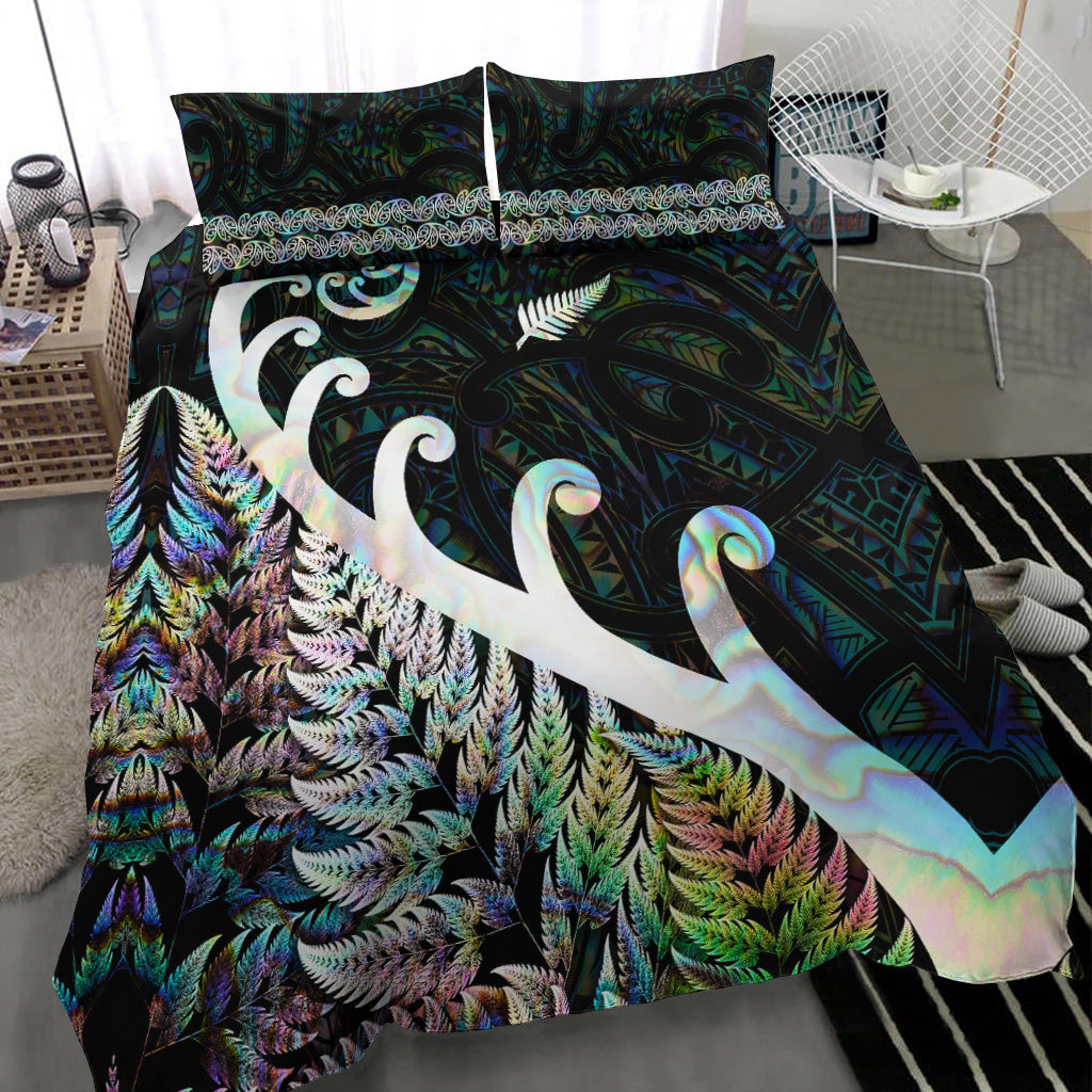 new-zealand-rugby-maori-bedding-set-silver-fern-koru-vibes-paua-shell