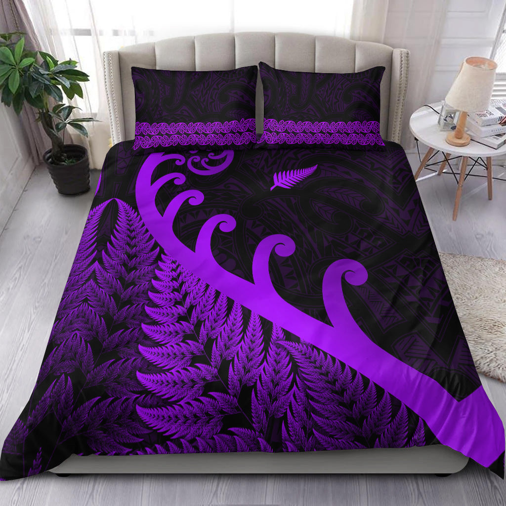 new-zealand-rugby-maori-bedding-set-silver-fern-koru-vibes-purple