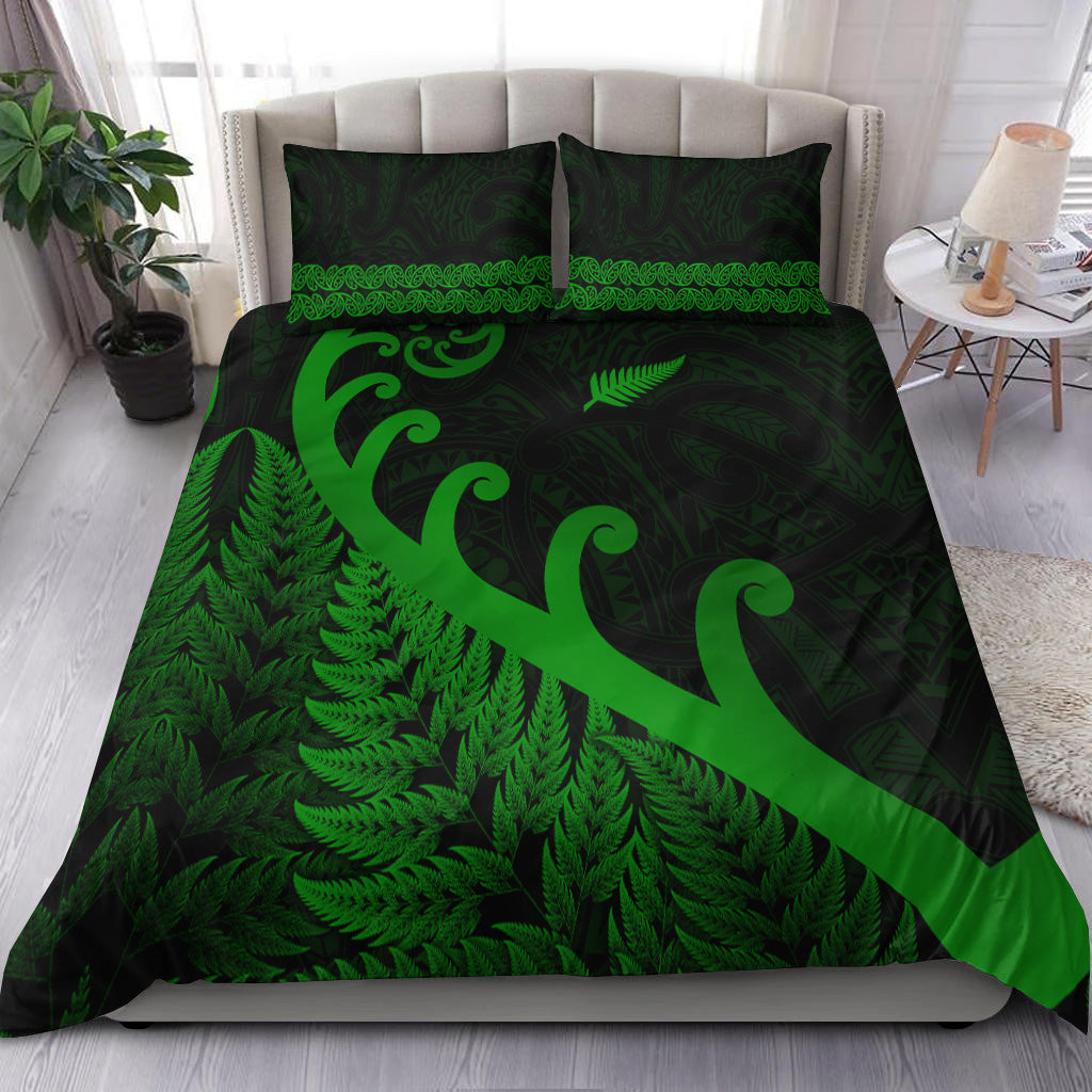 new-zealand-rugby-maori-bedding-set-silver-fern-koru-vibes-green