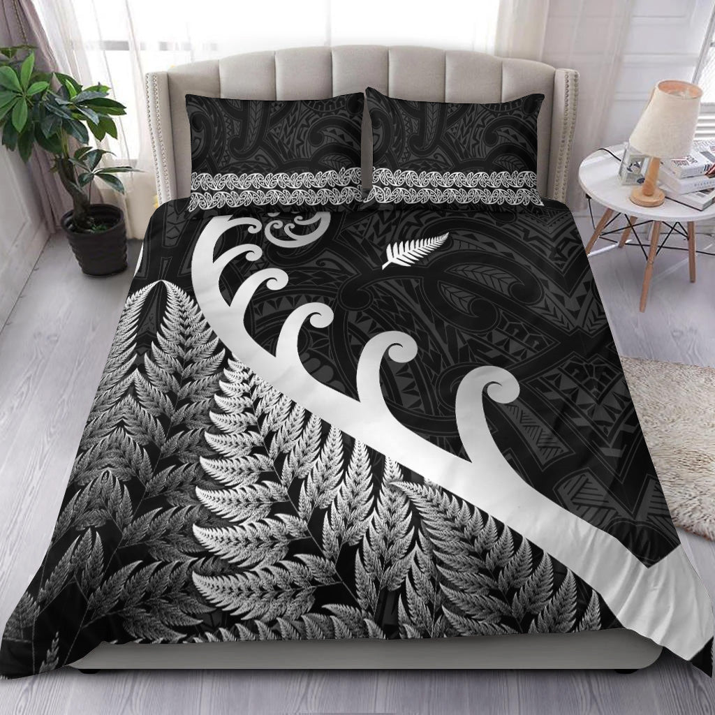 new-zealand-rugby-maori-bedding-set-silver-fern-koru-vibes-black