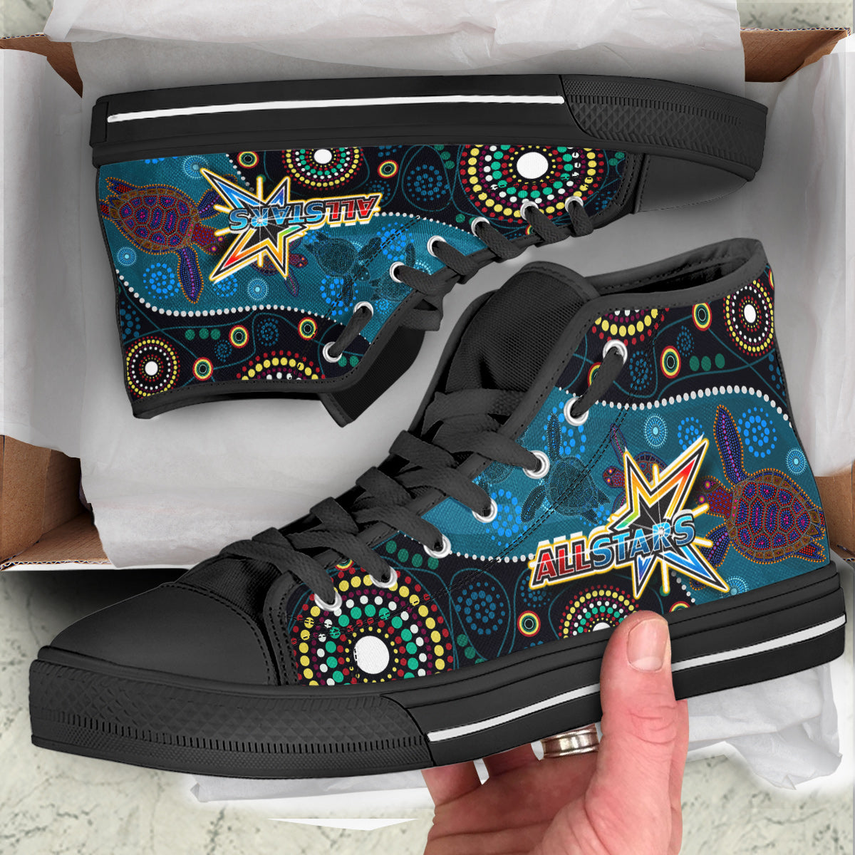 indigenous-all-stars-rugby-high-top-shoes-dreamtime-turtle-with-aboriginal-dot-painting-art-high-top-shoes