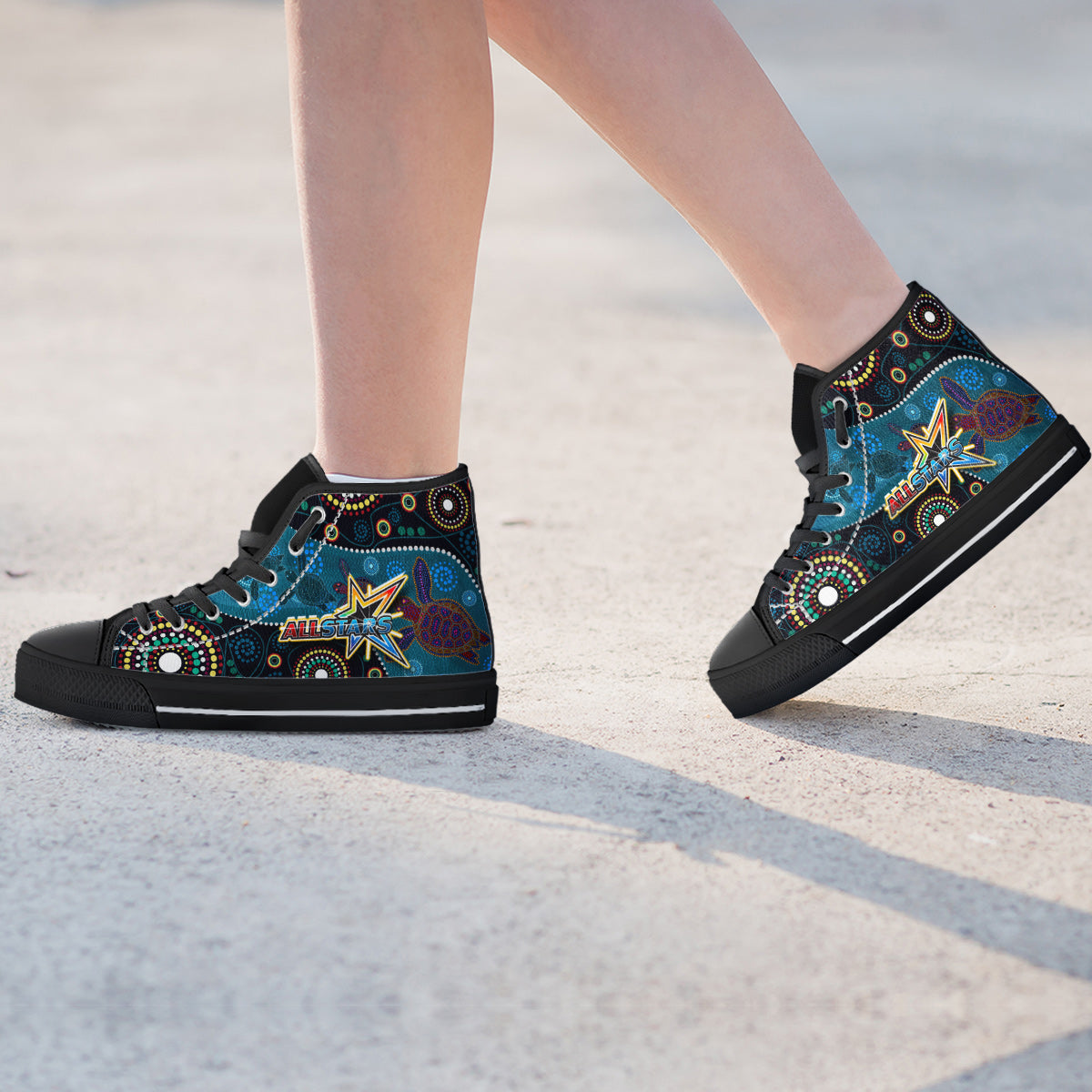 indigenous-all-stars-rugby-high-top-shoes-dreamtime-turtle-with-aboriginal-dot-painting-art-high-top-shoes