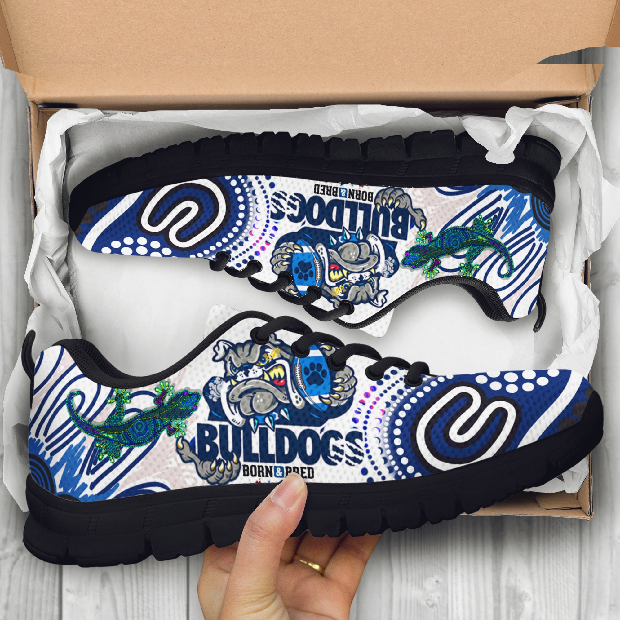 bulldogs-rugby-born-bred-sneakers-custom-indigenous-bulldogs-with-rugby-ball-and-aboriginal-patterns-sneakers