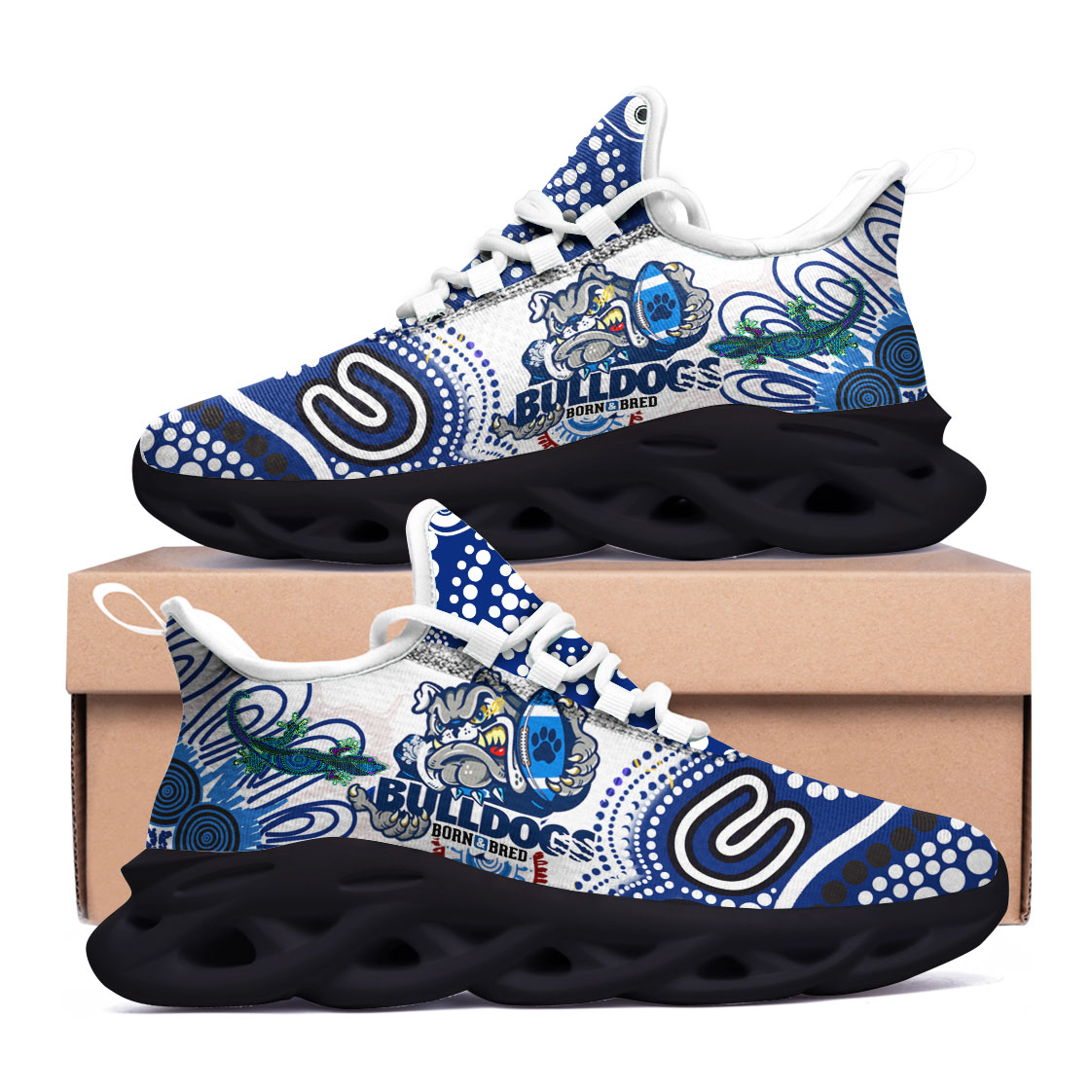 bulldogs-rugby-born-bred-clunky-shoes-custom-indigenous-bulldogs-with-rugby-ball-and-aboriginal-patterns-clunky-shoes