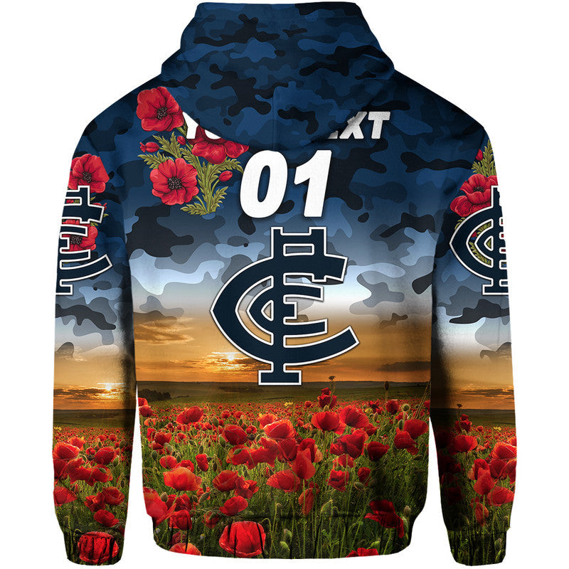 (Custom Personalised) Carlton Blues ANZAC Zip Up And Pullover Hoodie Poppy Vibes LT8